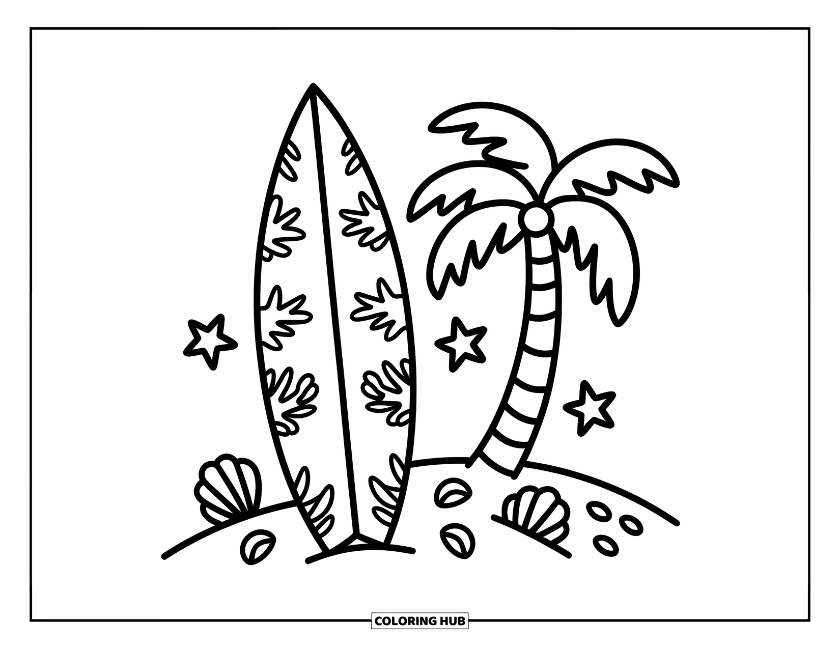 Hawaiiaanse kleurplaat voor volwassenen: Een surfplank met patronen die leunt tegen een palmboom en schelpen