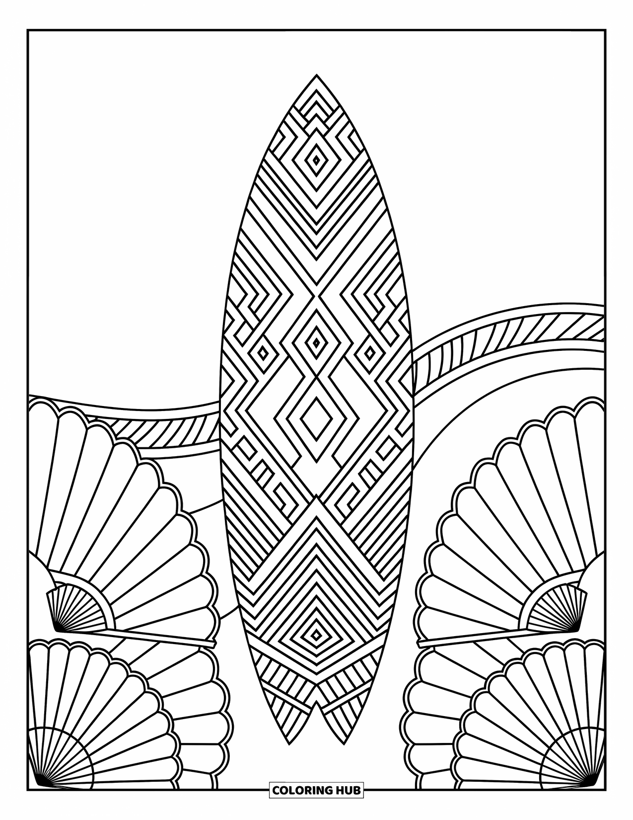 Hawaii Kleurplaat voor volwassenen: Een surfplank met tribale ontwerpen en oceaangolven