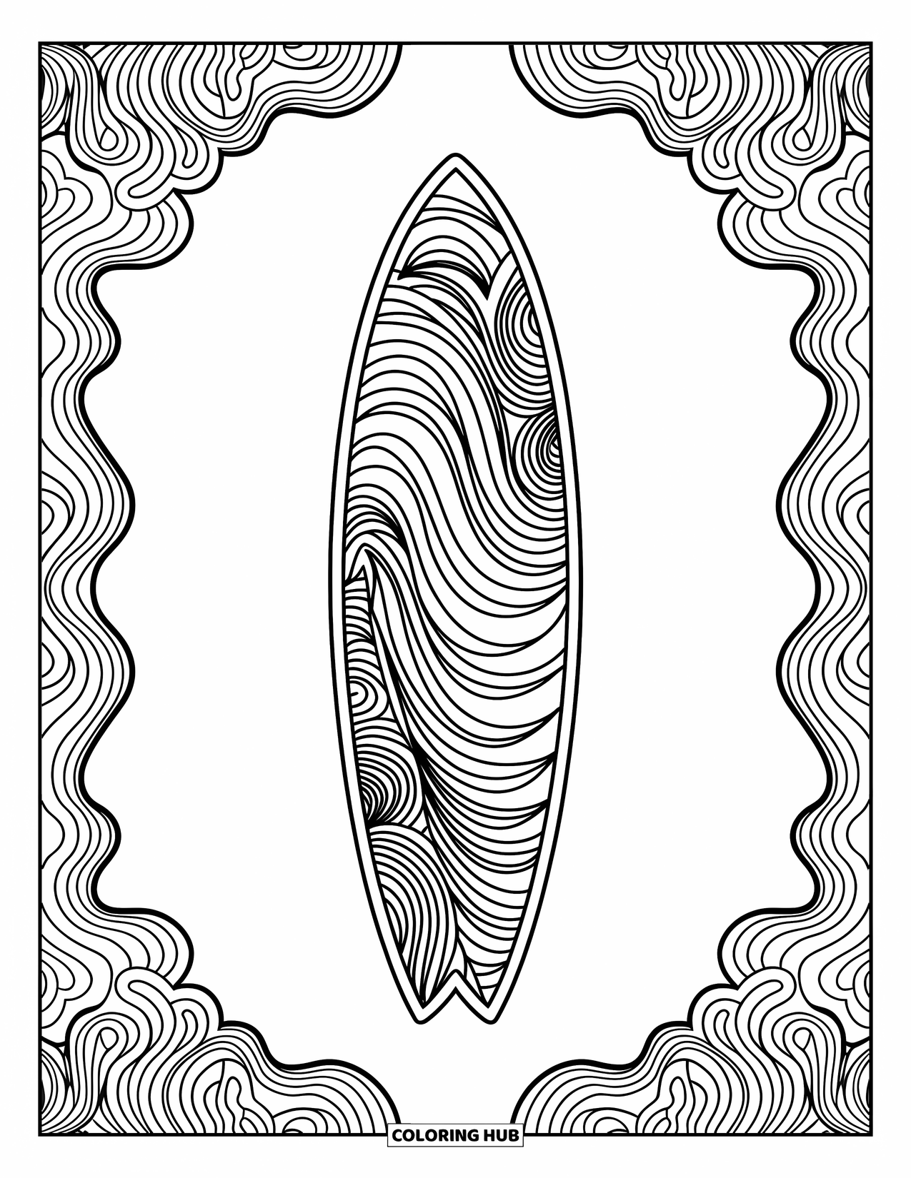 Hawaiiaanse kleurplaat voor volwassenen: Een surfplank met tribale patronen en oceaangolfmotieven