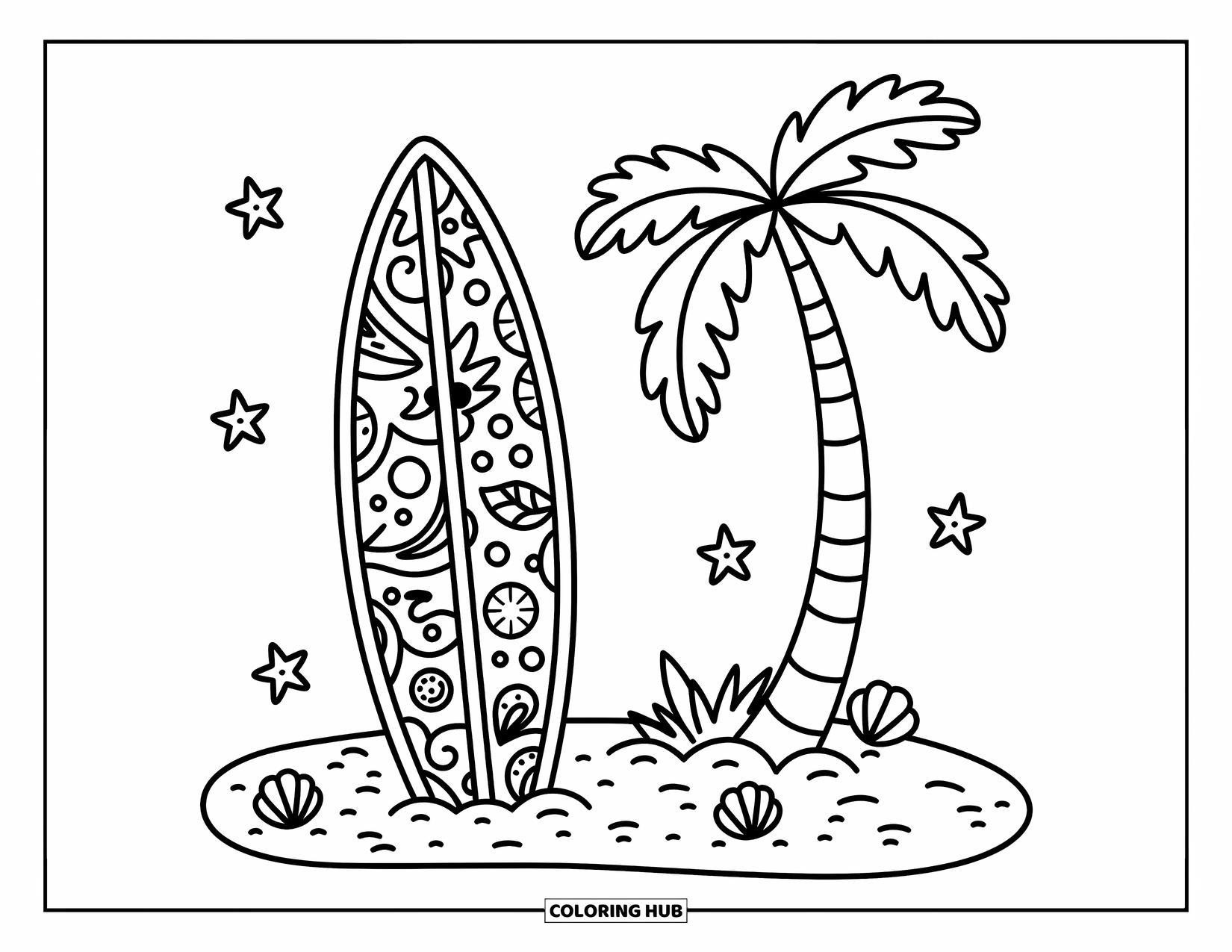 Hawaiiaanse kleurplaat voor volwassenen: Een surfplank met tropische patronen en kleine schelpen eromheen