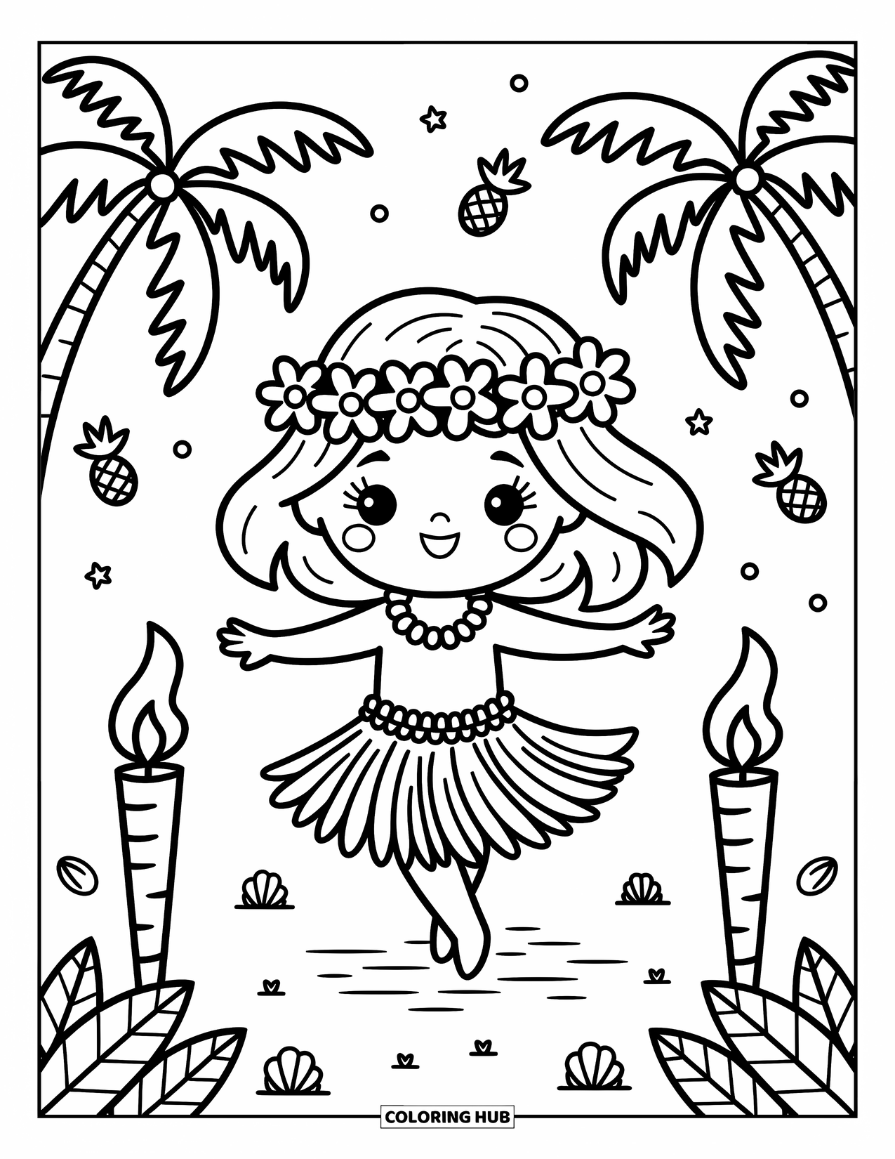 Hawaiiaanse kleurplaat voor volwassenen: Een draaiende hula danseres omringd door palmbomen en bloemen