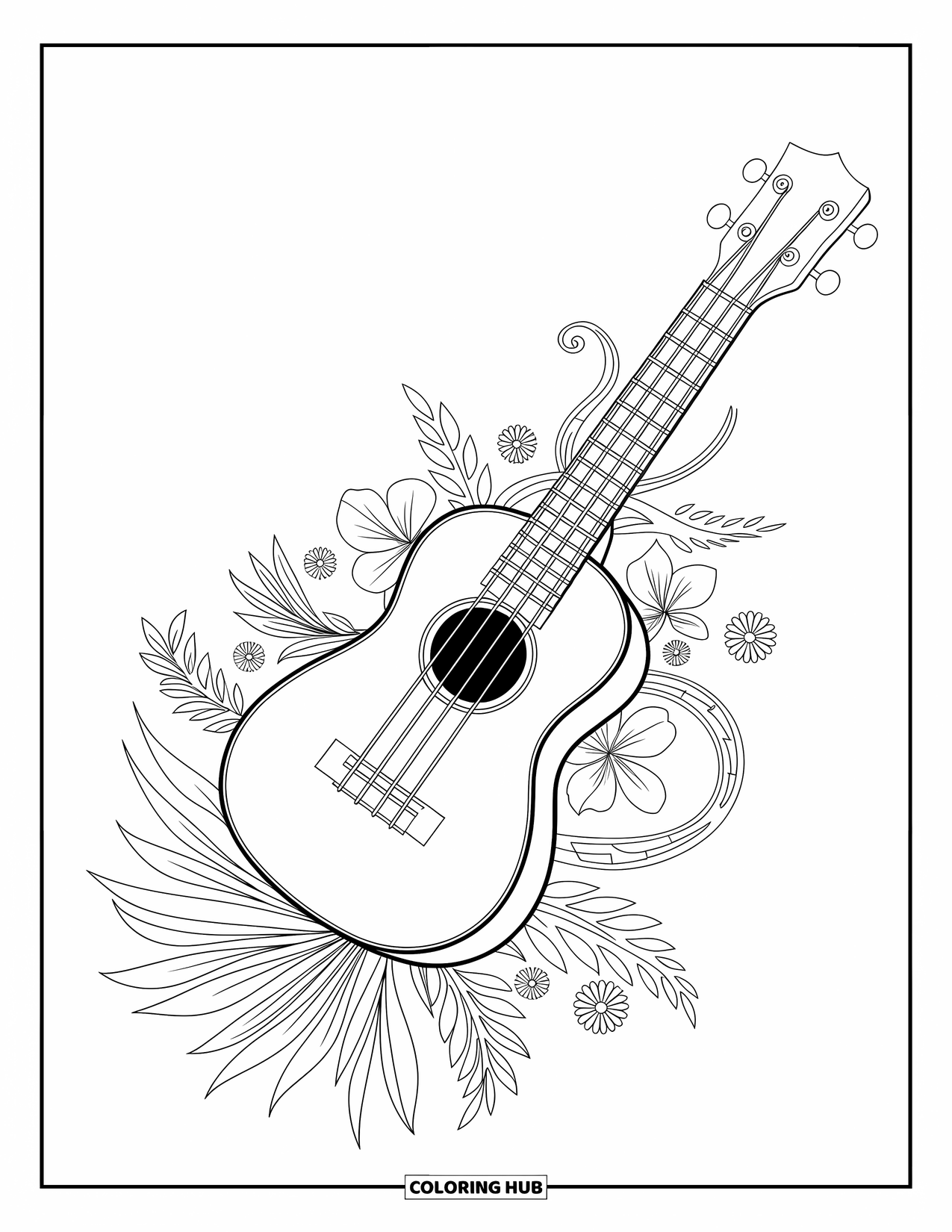 Hawaii Kleurplaat voor volwassenen: Een ukelele omcirkeld door wijnranken en gedetailleerde bloemen