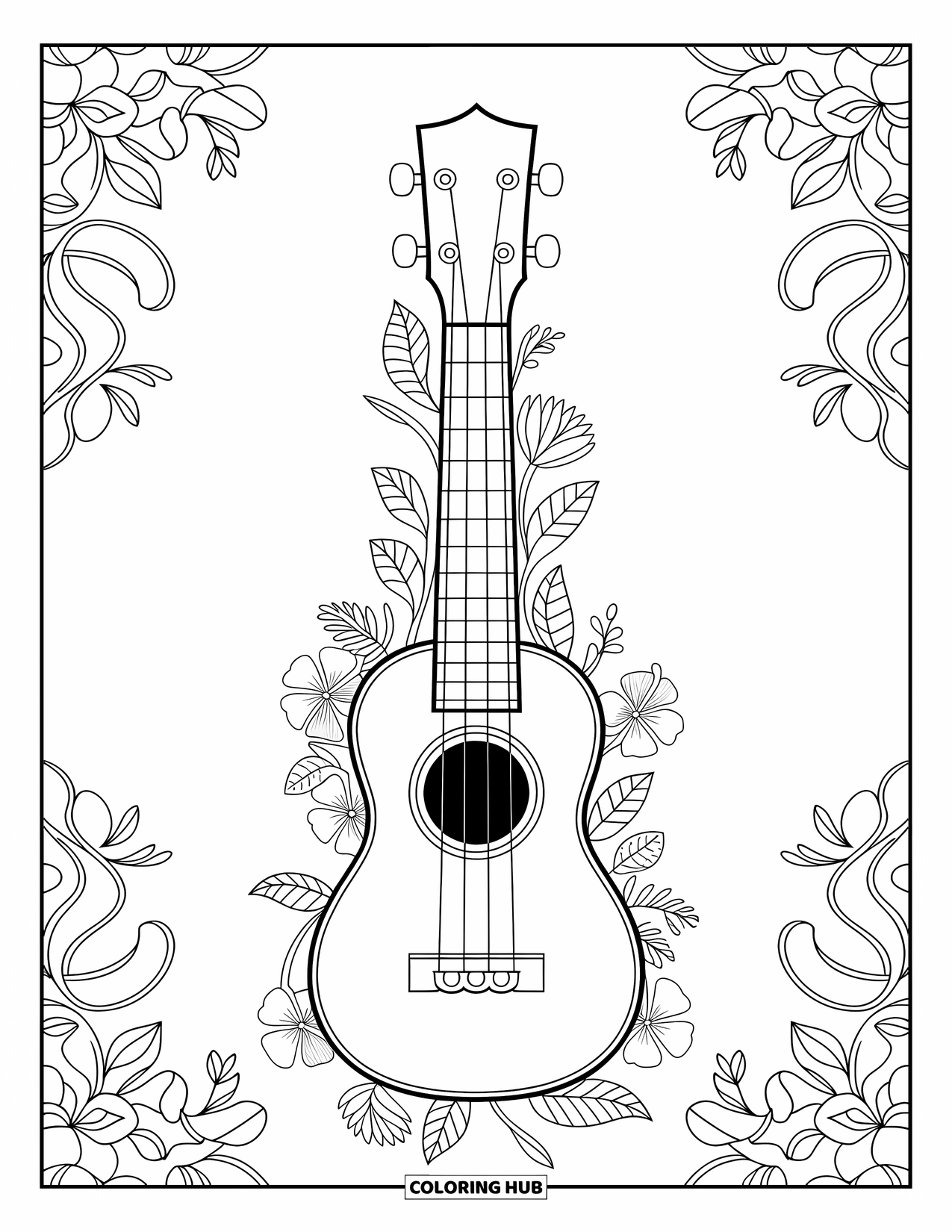 Hawaii Kleurplaat voor volwassenen: Een ukelele omgeven door wervelende wijnranken en tropische bloemen