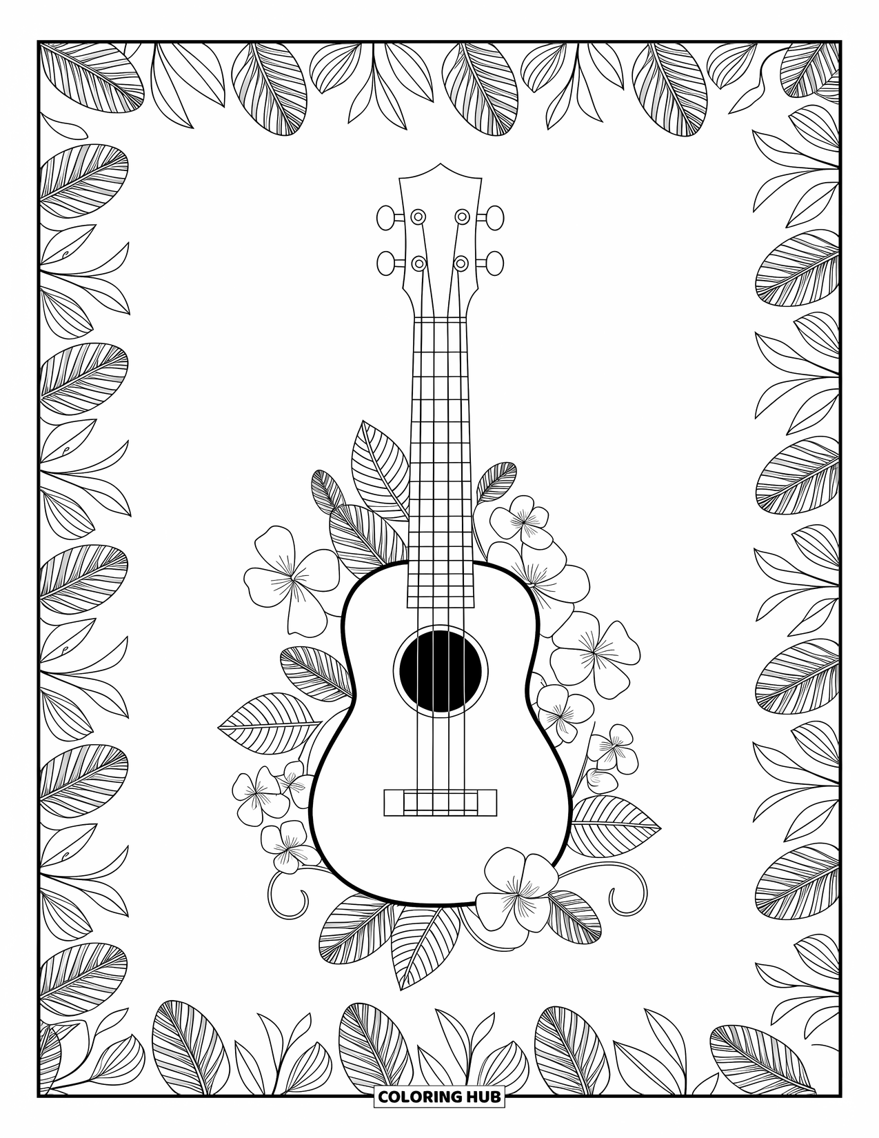 Hawaii Kleurplaat voor volwassenen: Een ukelele met wervelende wijnranken en bloemen eromheen