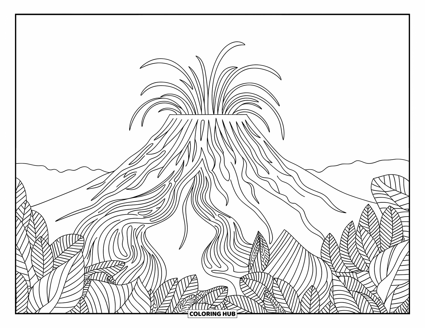 Hawaii Kleurplaat voor volwassenen: Een vulkaan die uitbarst met gedetailleerde lava en omliggende planten