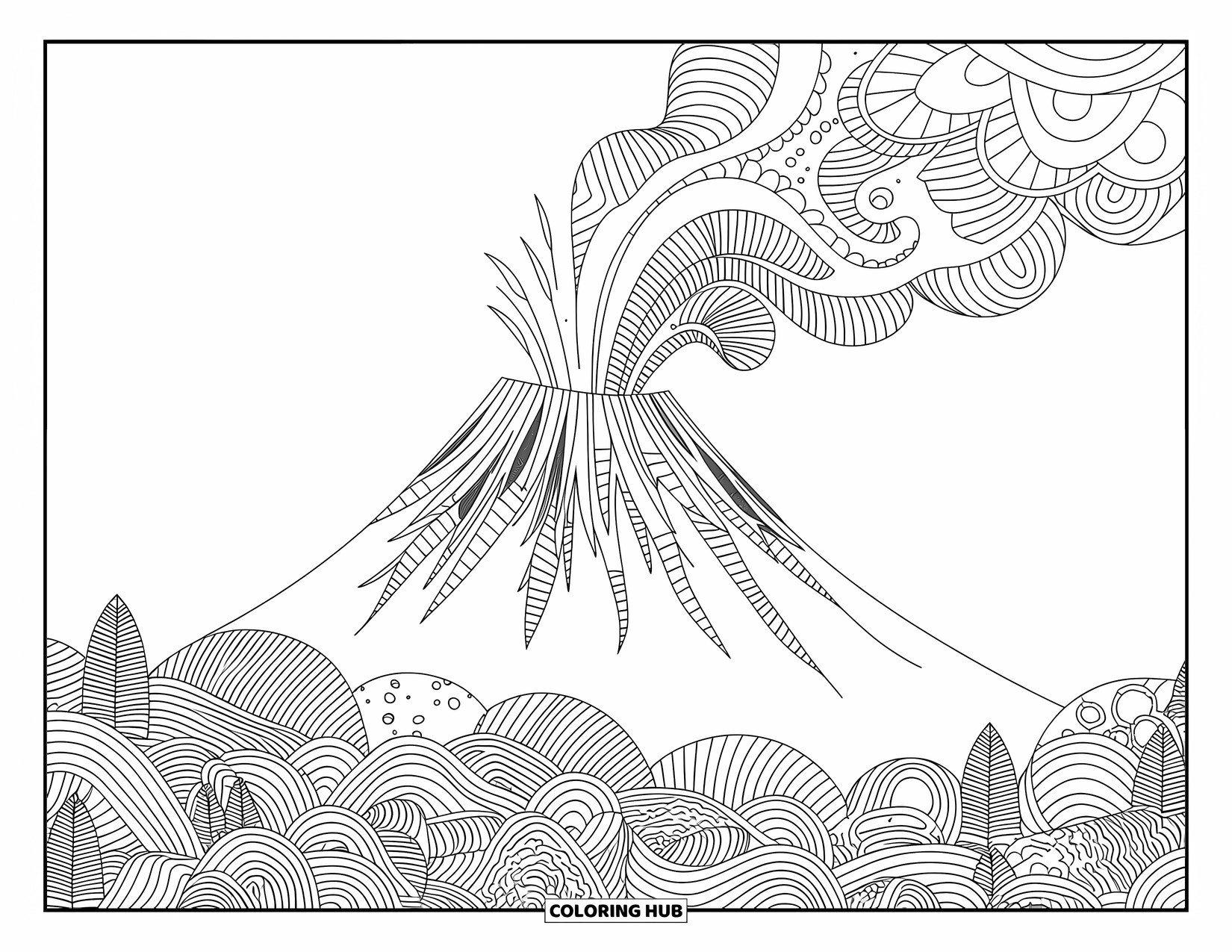Hawaii Kleurplaat voor volwassenen: Een vulkaan die uitbarst met ingewikkelde lavastromen en bladeren