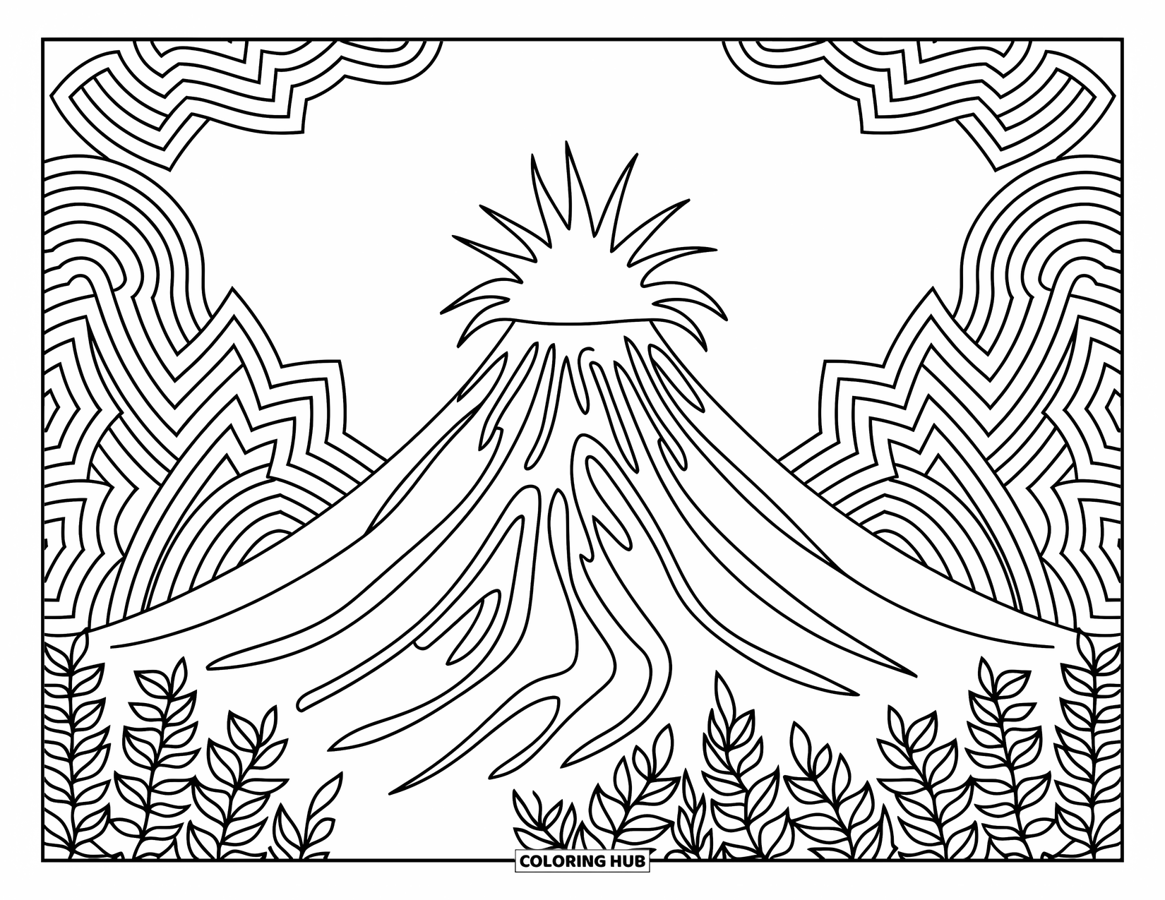 Hawaii Kleurplaat voor volwassenen: Een vulkaan met ingewikkelde lavastromen en bladerenpatronen