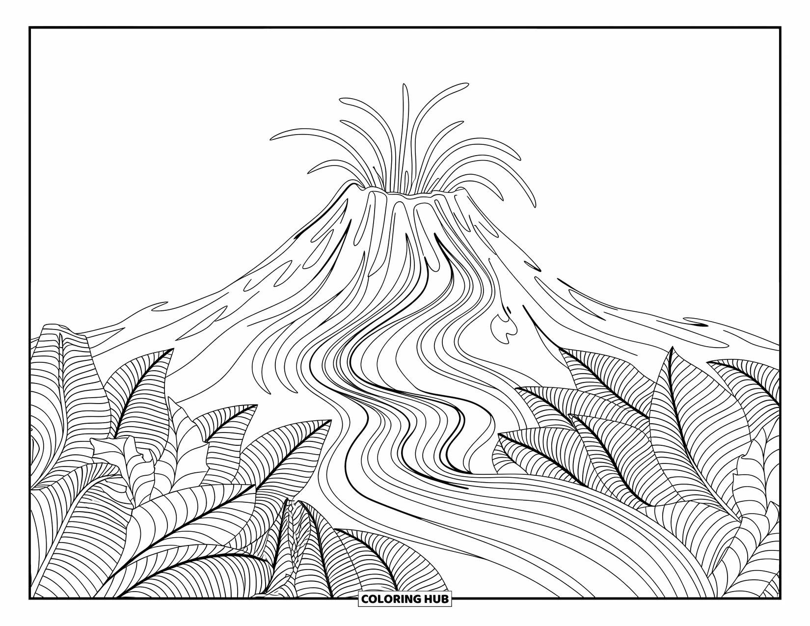 Hawaii Kleurplaat voor volwassenen: Een uitbarstende vulkaan met gedetailleerde lava en weelderig gebladerte