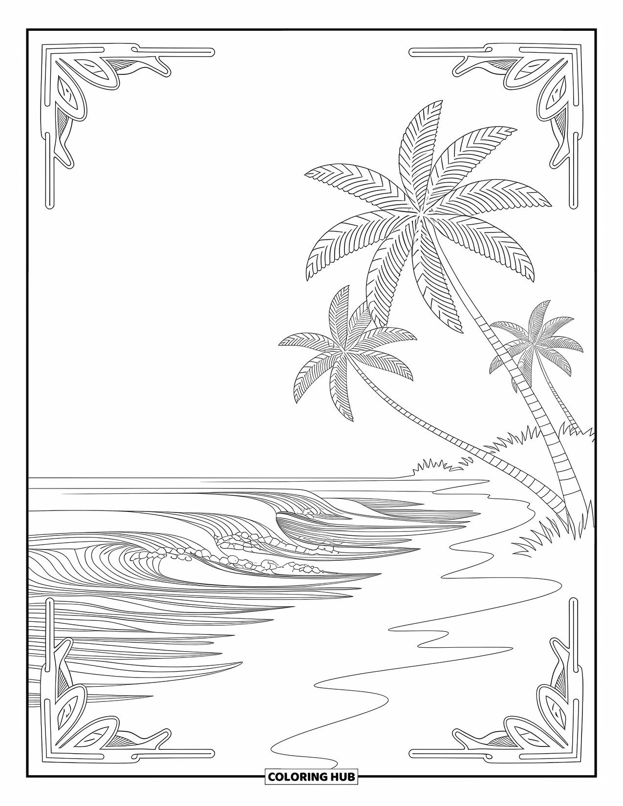 Hawaii Kleurplaat voor volwassenen: Palmbomen en golven op een sereen Hawaiiaans strand