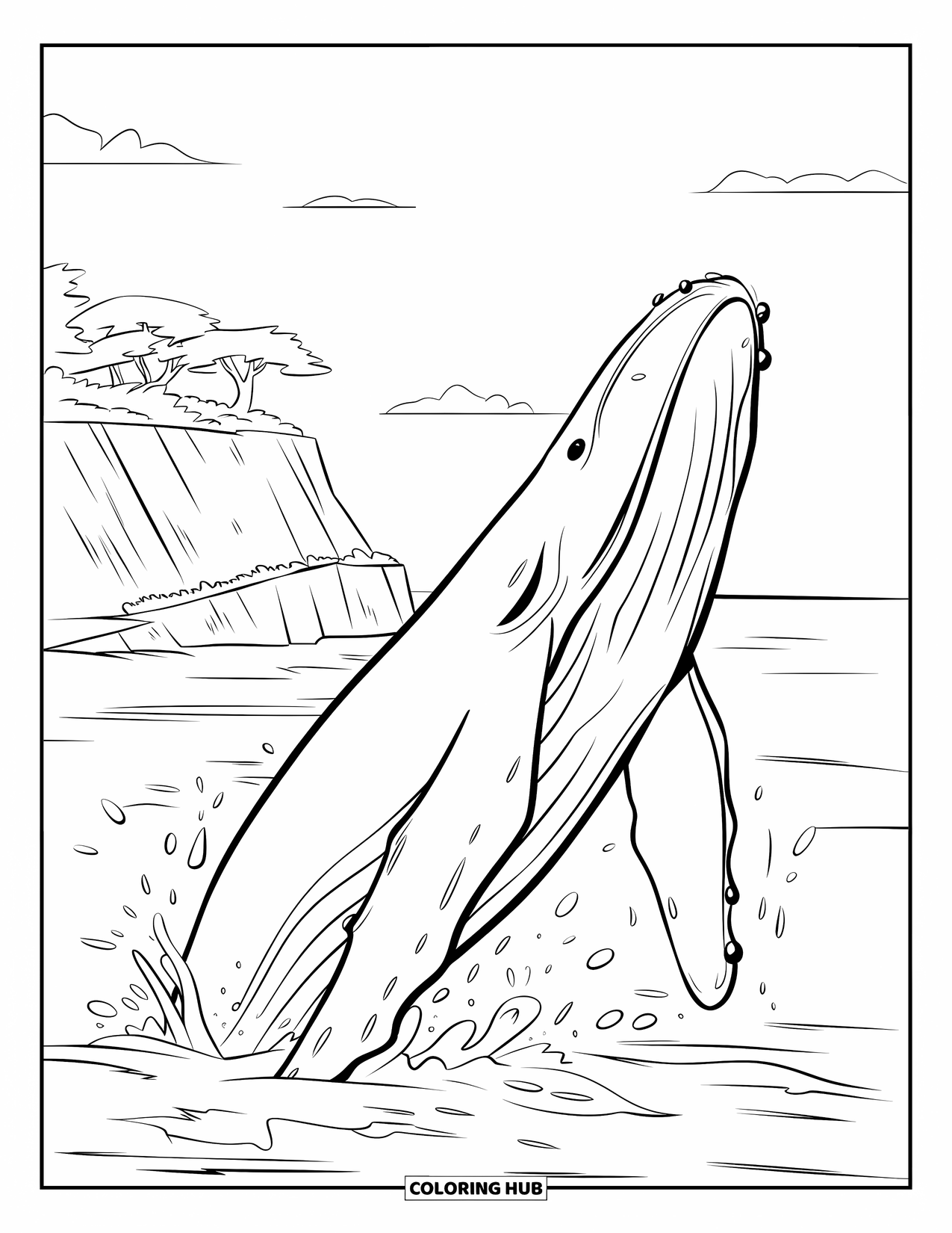 Hawaiiaanse kleurplaat voor kinderen: Een walvis die door het water breekt in de buurt van kliffen met opspattend water