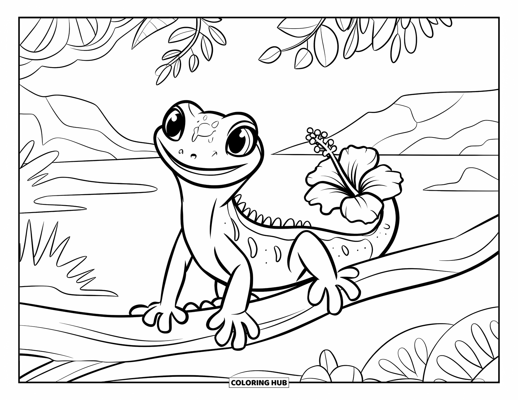 Hawaiiaanse kleurplaat voor kinderen: Een vrolijke gekko met een bloem op zijn staart