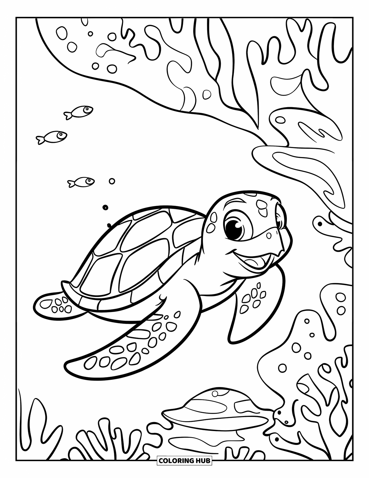 Hawaiiaanse kleurplaat voor kinderen: Een vrolijke zeeschildpad die langs een koraalrif zwemt