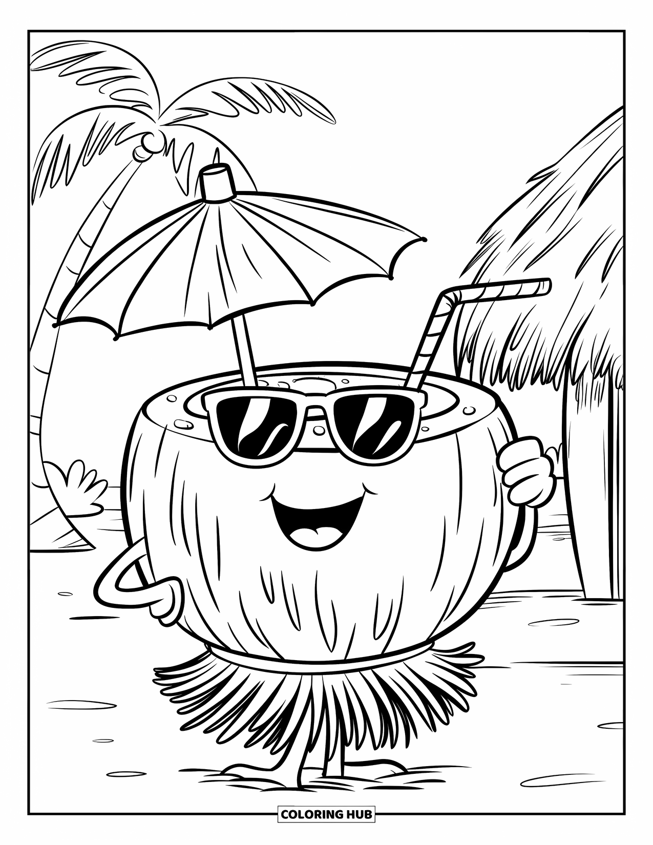 Hawaiiaanse kleurplaat voor kinderen: Een kokosnootdrankje met een zonnebril en een kleine parasol