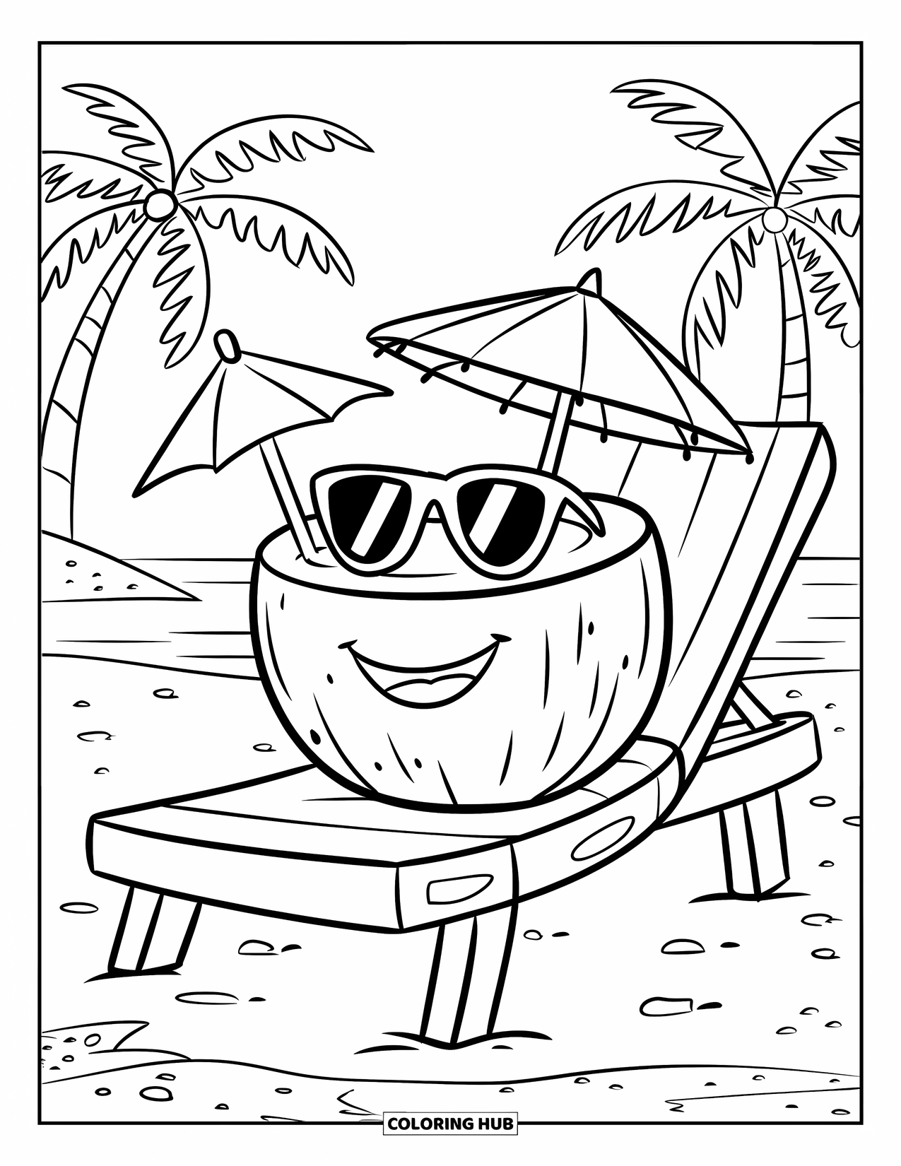 Hawaiiaanse kleurplaat voor kinderen: Een kokosnootdrankje met een rietje en parasol, dat er vrolijk uitziet