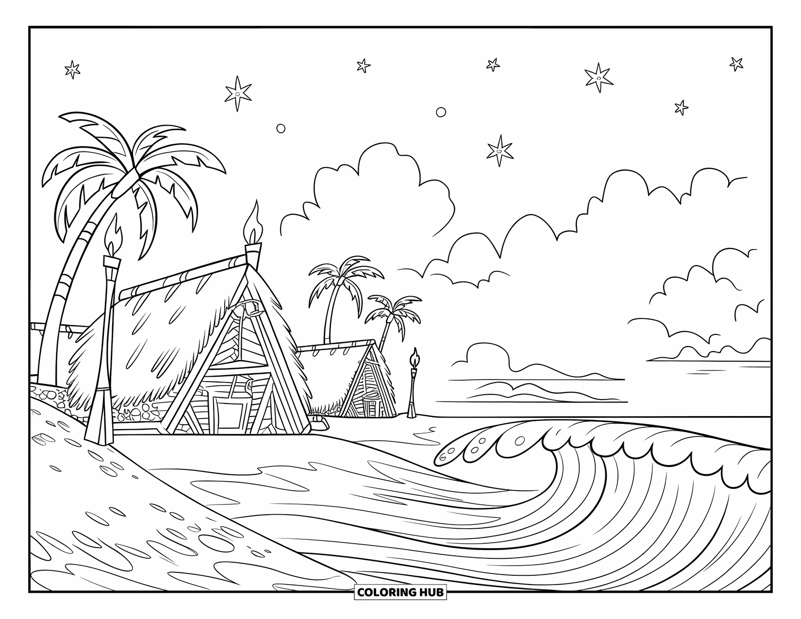 Hawaiiaanse kleurplaat voor kinderen: Een gezellig Hawaiiaans dorp met rieten hutten en fakkels aan de oceaan