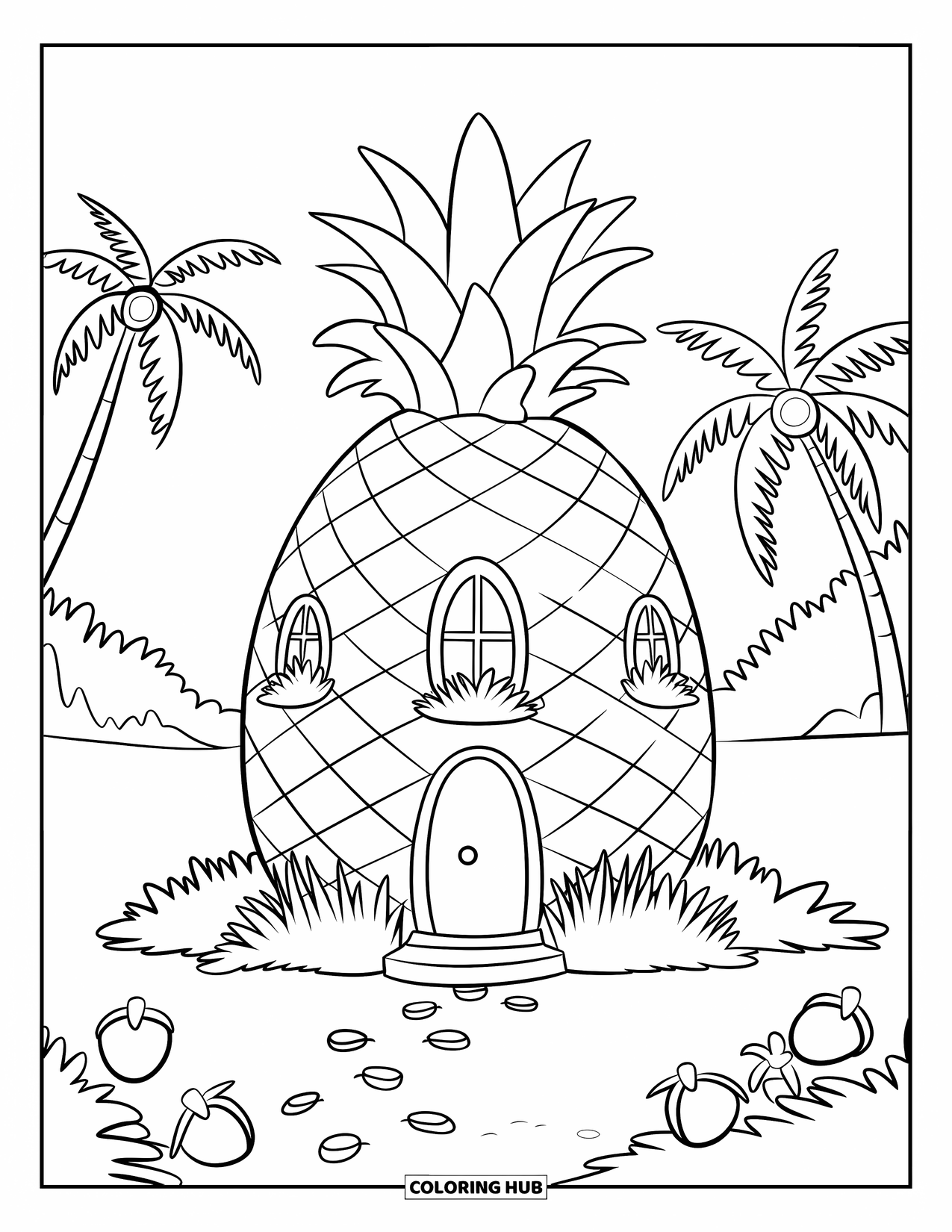 Hawaiiaanse kleurplaat voor kinderen: Een gezellig ananashuis met een rieten dak en palmbomen in de buurt