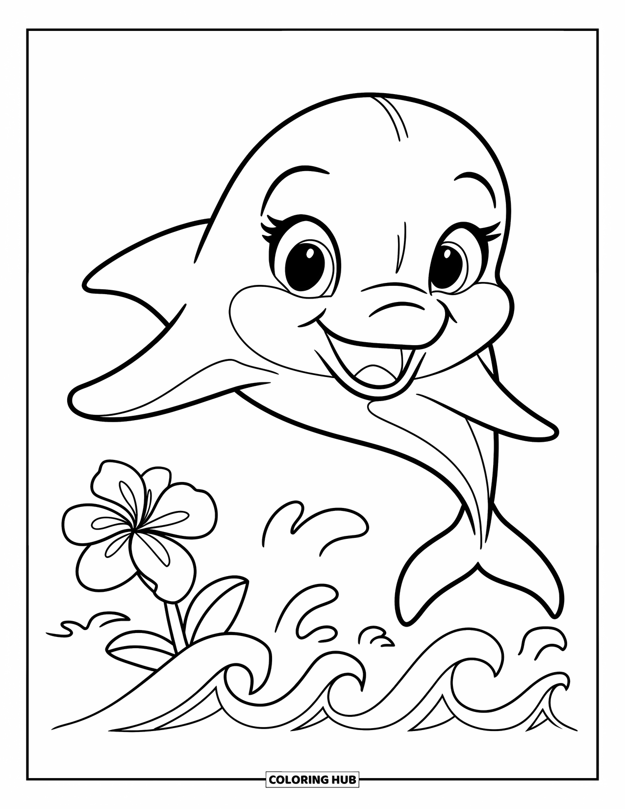 Hawaiiaanse kleurplaat voor kinderen: Een schattige dolfijn die over golven springt met een Hawaiiaanse bloem