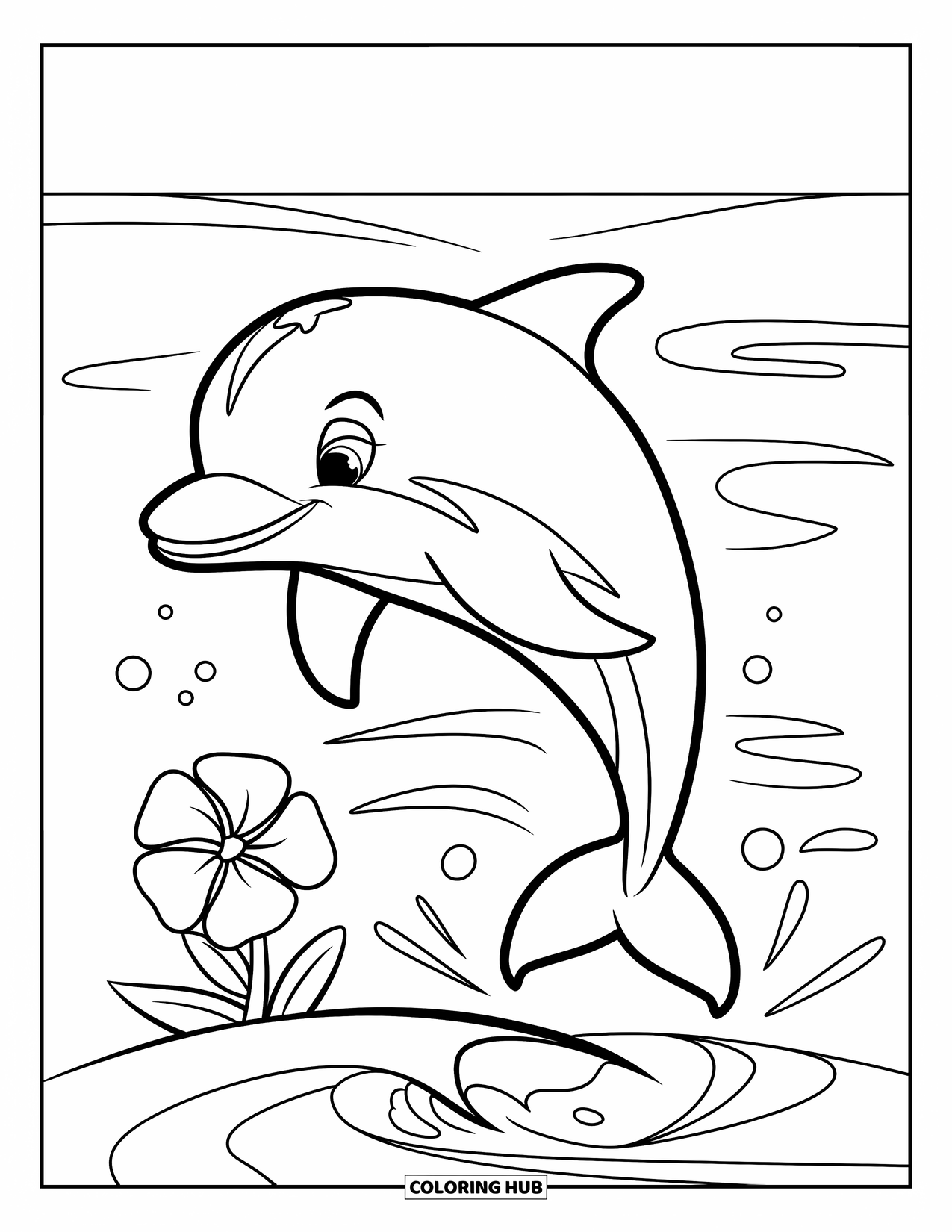 Hawaiiaanse kleurplaat voor kinderen: Een dolfijn die over golven springt met een Hawaiiaanse bloem in de buurt