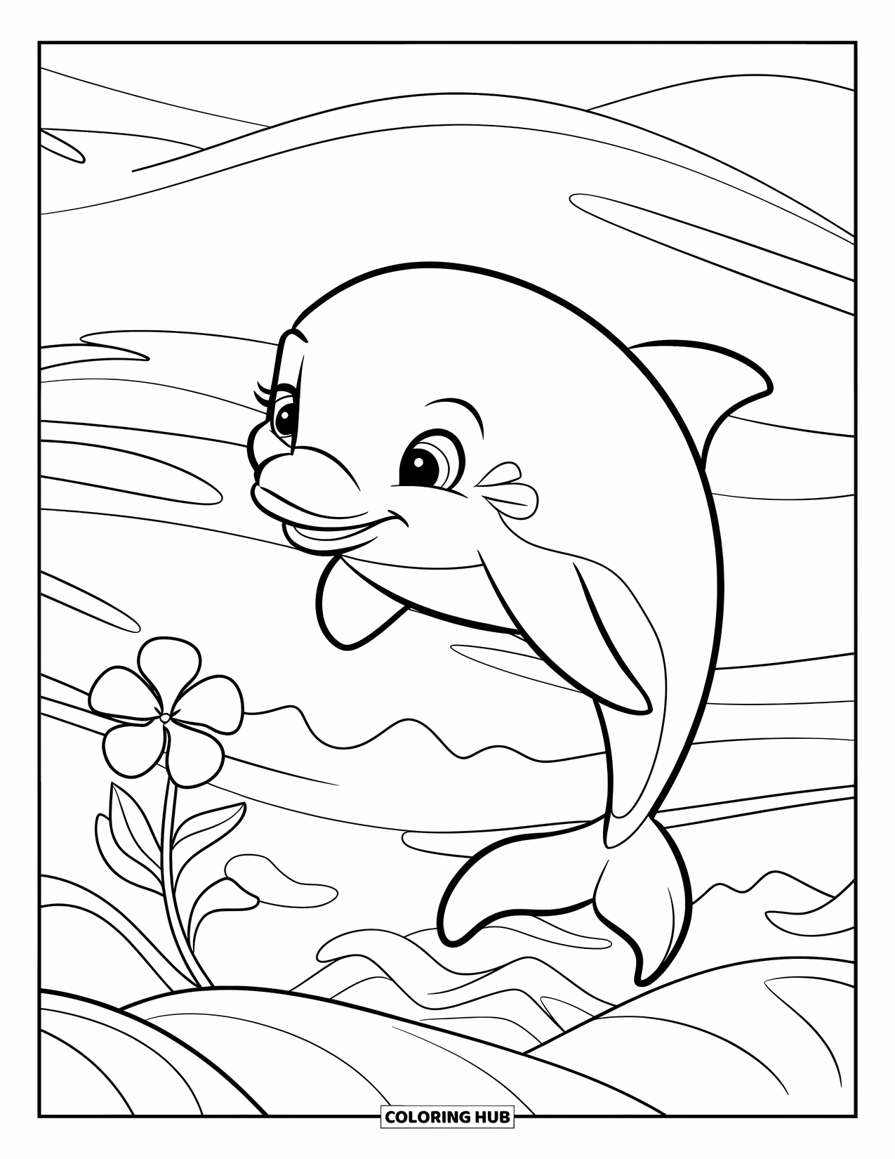 Hawaiiaanse kleurplaat voor kinderen: Een dolfijn die over kleine golven springt met een Hawaiiaanse bloem