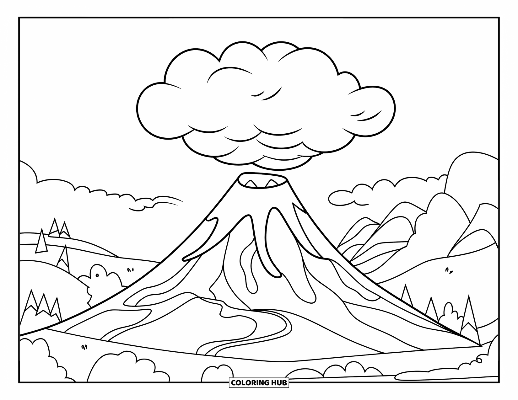 Hawaiiaanse kleurplaat voor kinderen: Een pluizige wolk boven een zachtjes uitbarstende vulkaan
