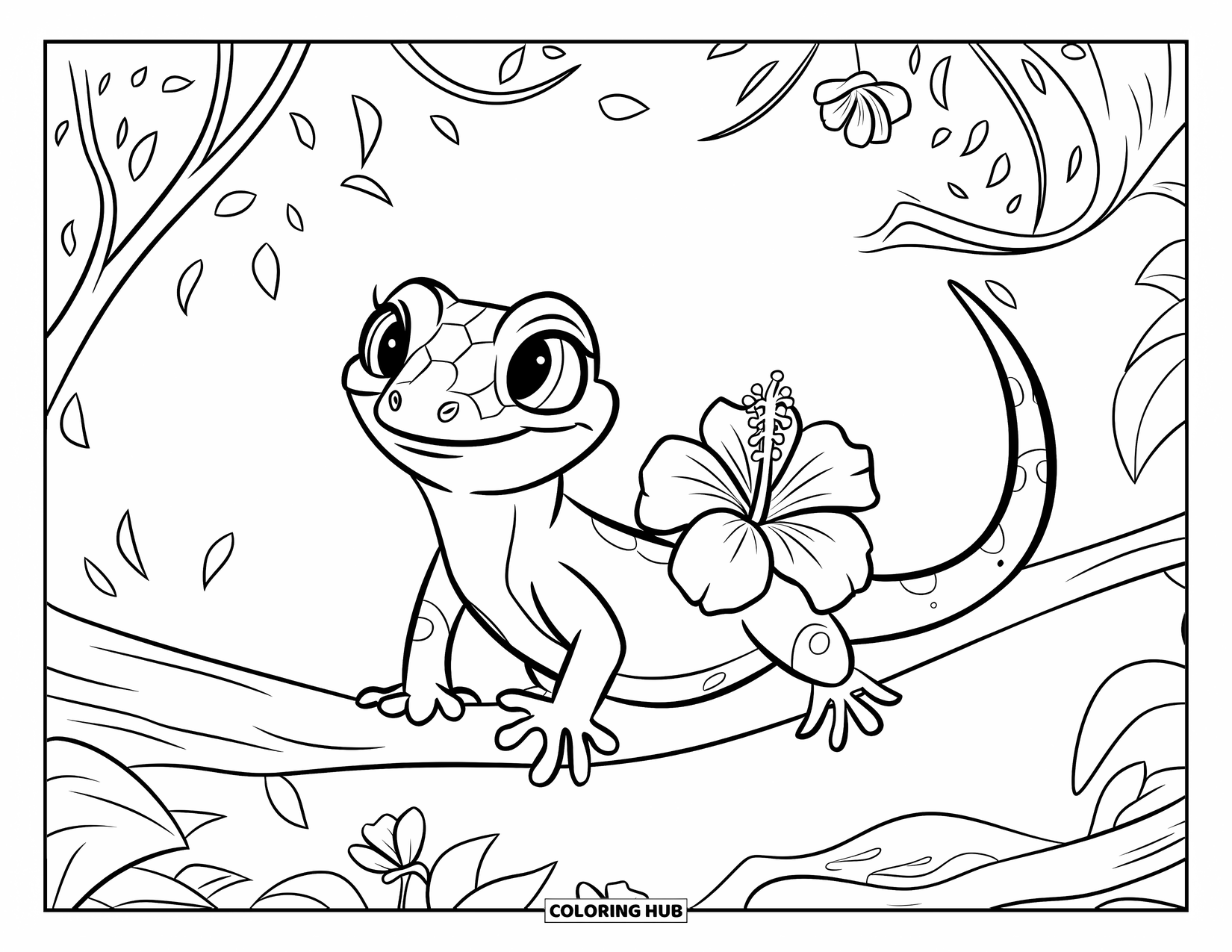 Hawaiiaanse kleurplaat voor kinderen: Een gekko op een tak met een bloem op zijn staart
