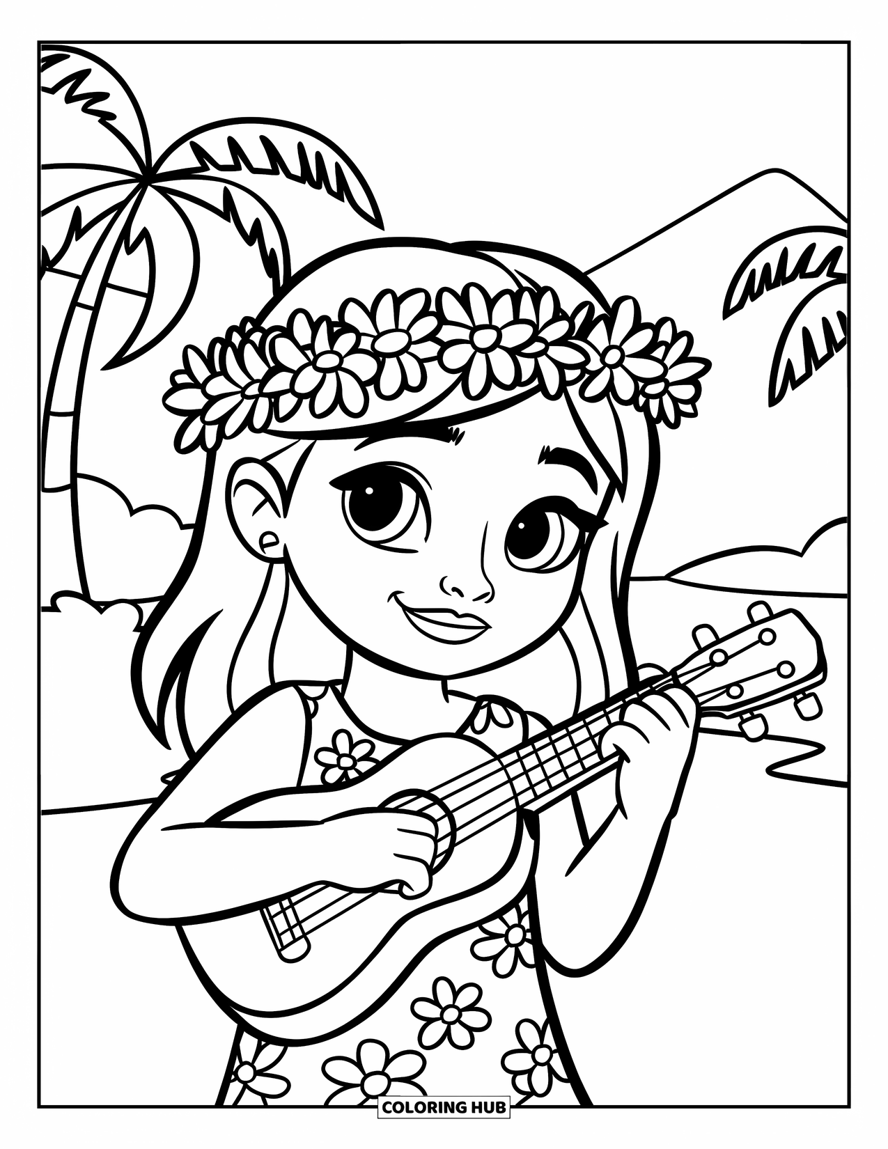 Hawaiiaanse kleurplaat voor kinderen: Een meisje met een bloemenkrans en ukelele in een tropische omgeving