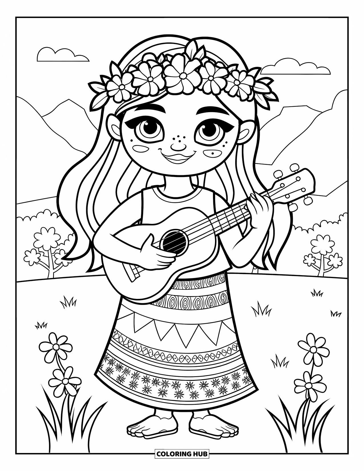 Hawaiiaanse kleurplaat voor kinderen: Een meisje met een ukelele, bloemenkrans en tropische bloemen om haar heen