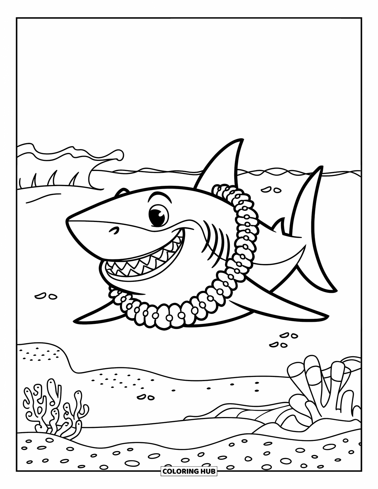 Hawaiiaanse kleurplaat voor kinderen: Een grijnzende haai met een Hawaiiaanse lei die in de oceaan zwemt