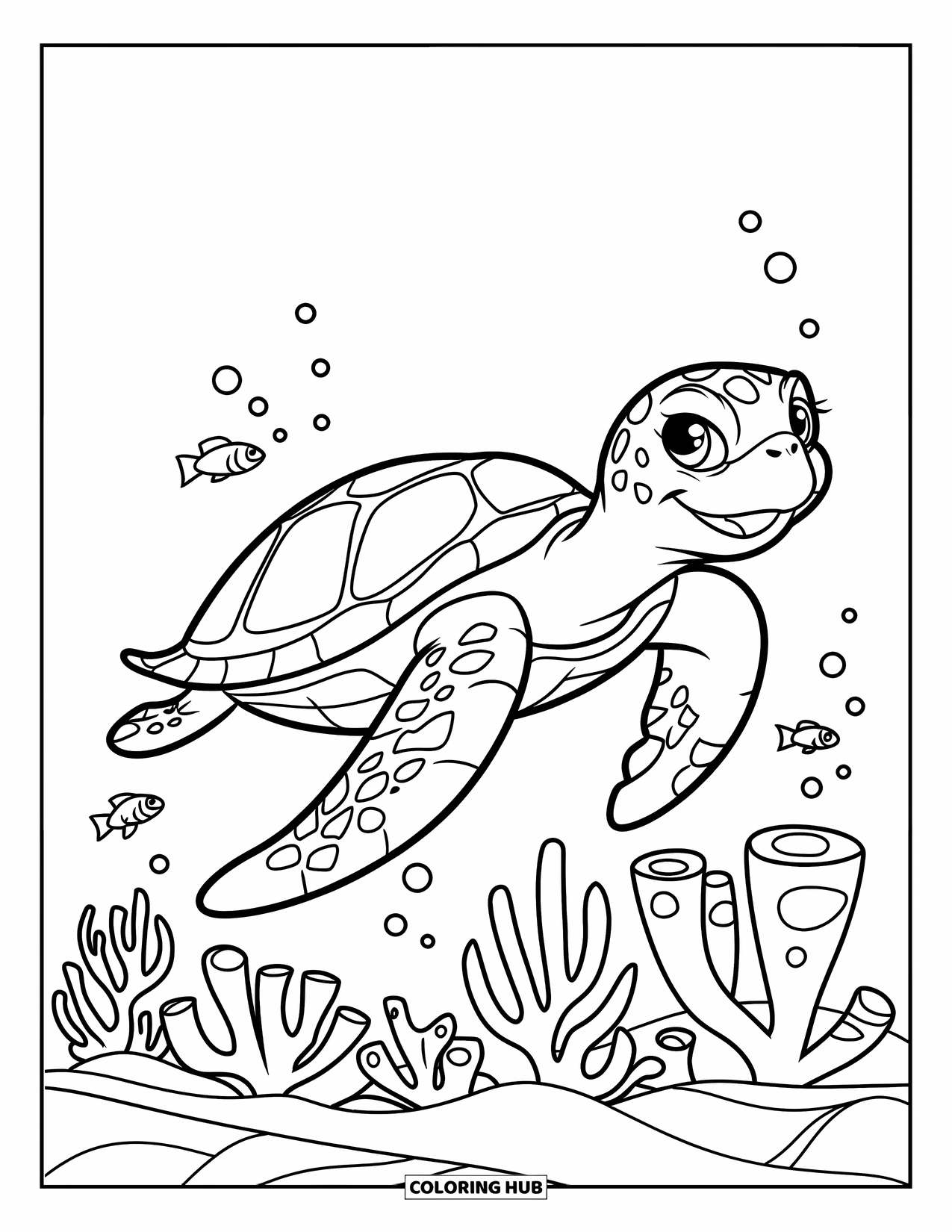Hawaiiaanse kleurplaat voor kinderen: Een blije zeeschildpad die langs een Hawaiiaans koraalrif zwemt