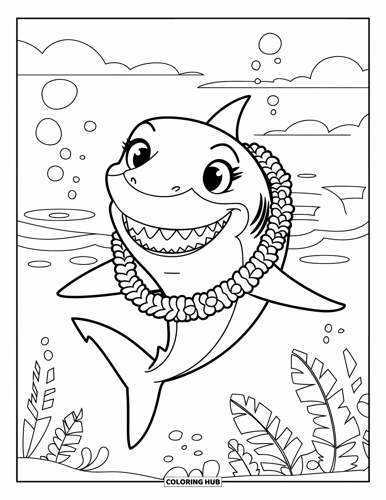 Hawaiiaanse kleurplaat voor kinderen: Een blije haai met een lei, bubbels en tropische planten