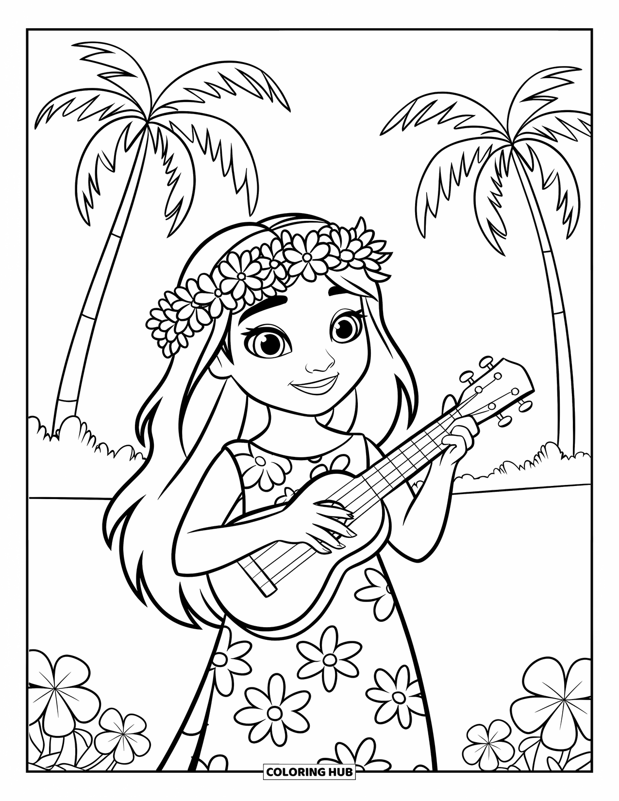 Hawaiiaanse kleurplaat voor kinderen: Een Hawaiiaans meisje met een bloemenjurk en ukelele