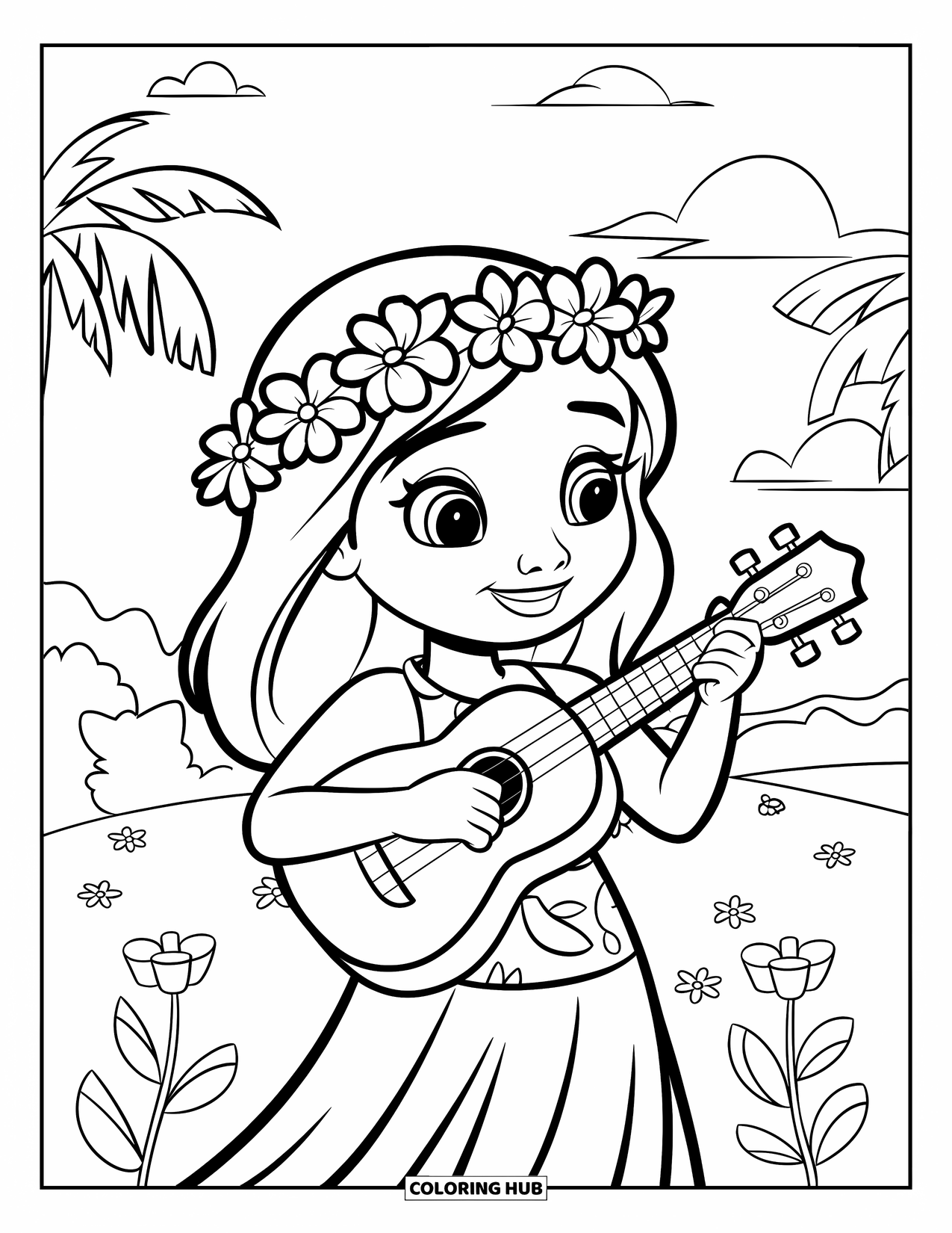Hawaiiaanse kleurplaat voor kinderen: Een Hawaiiaans meisje met een bloemenkrans die ukelele speelt