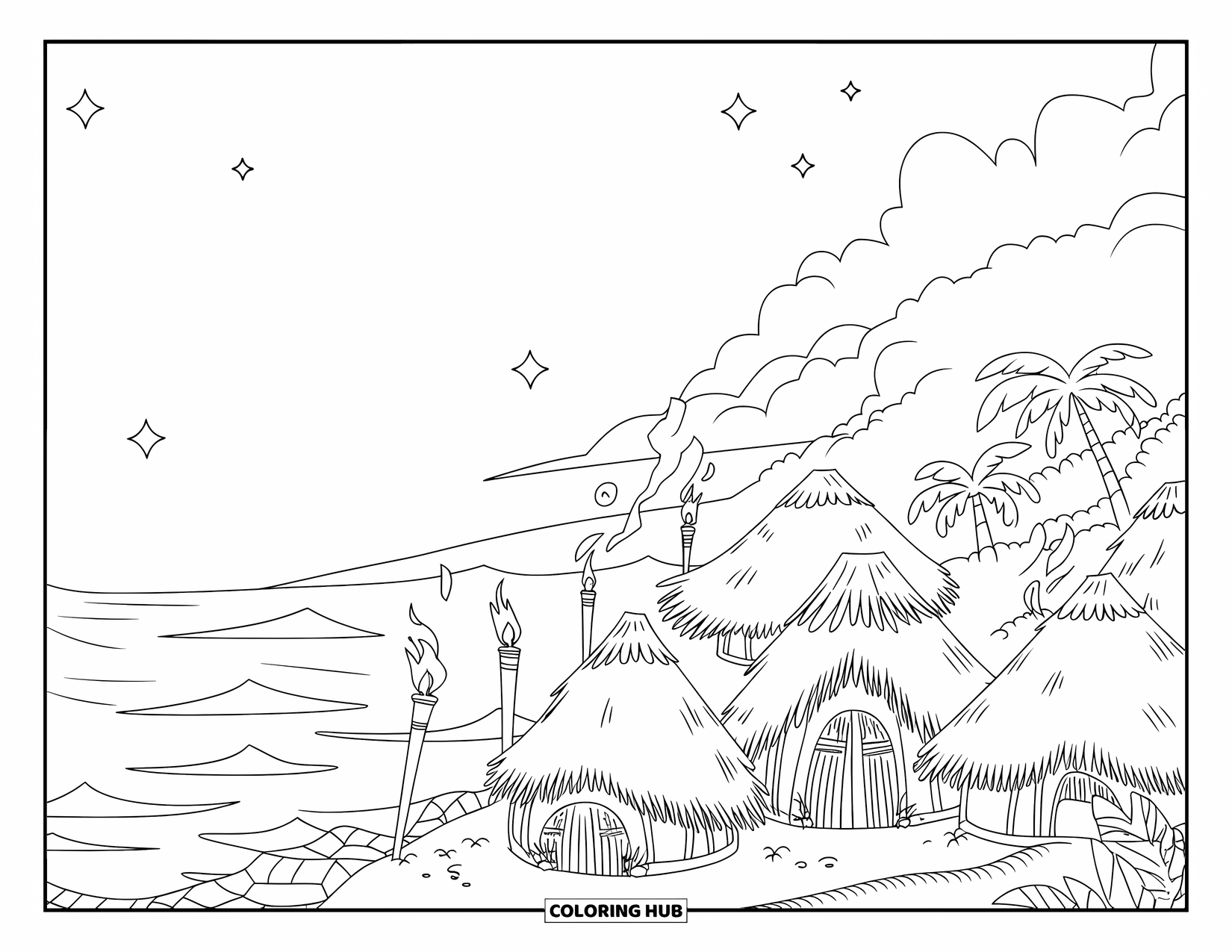 Hawaiiaanse kleurplaat voor kinderen: Een Hawaiiaans dorp met hutten, fakkels en golven onder een sterrenhemel
