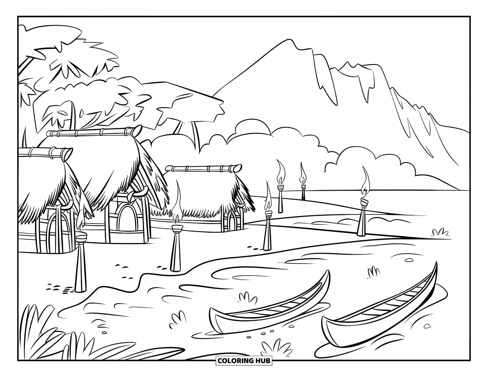 Hawaiiaanse kleurplaat voor kinderen: Een Hawaiiaans dorp met rieten hutten en fakkels aan zee