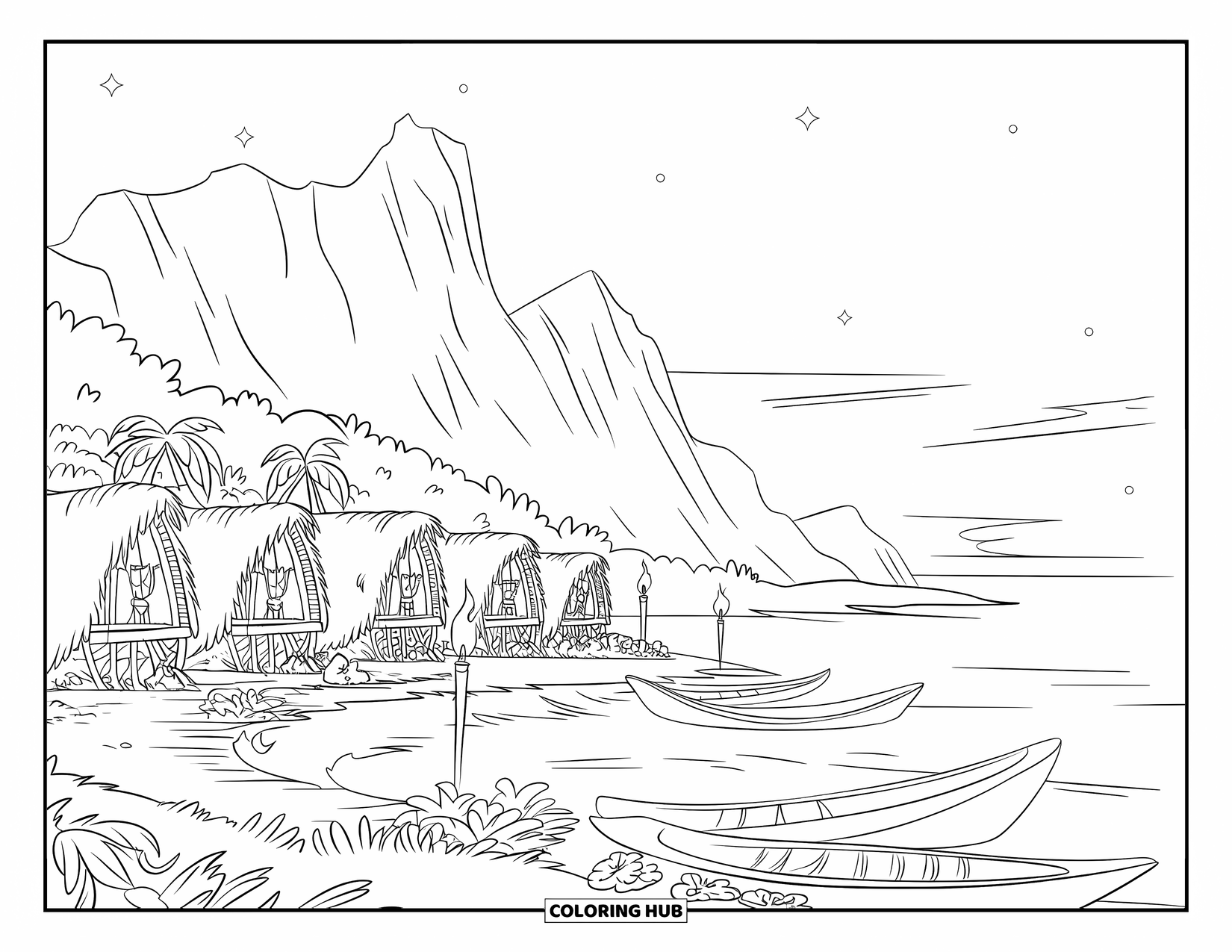 Hawaiiaanse kleurplaat voor kinderen: Een Hawaiiaans dorp met rieten hutten, kano's en een kalm uitzicht op de oceaan