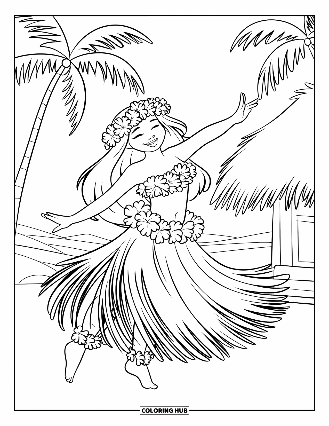 Hawaiiaanse kleurplaat voor kinderen: Een hula danseres midden in een draai met een lei en hibiscusbloemen