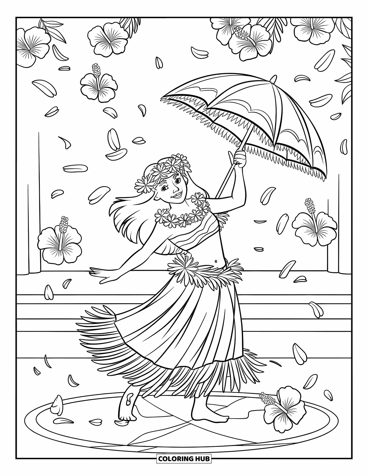 Hawaiiaanse kleurplaat voor kinderen: Een hula danseres omringd door zwevende hibiscusblaadjes