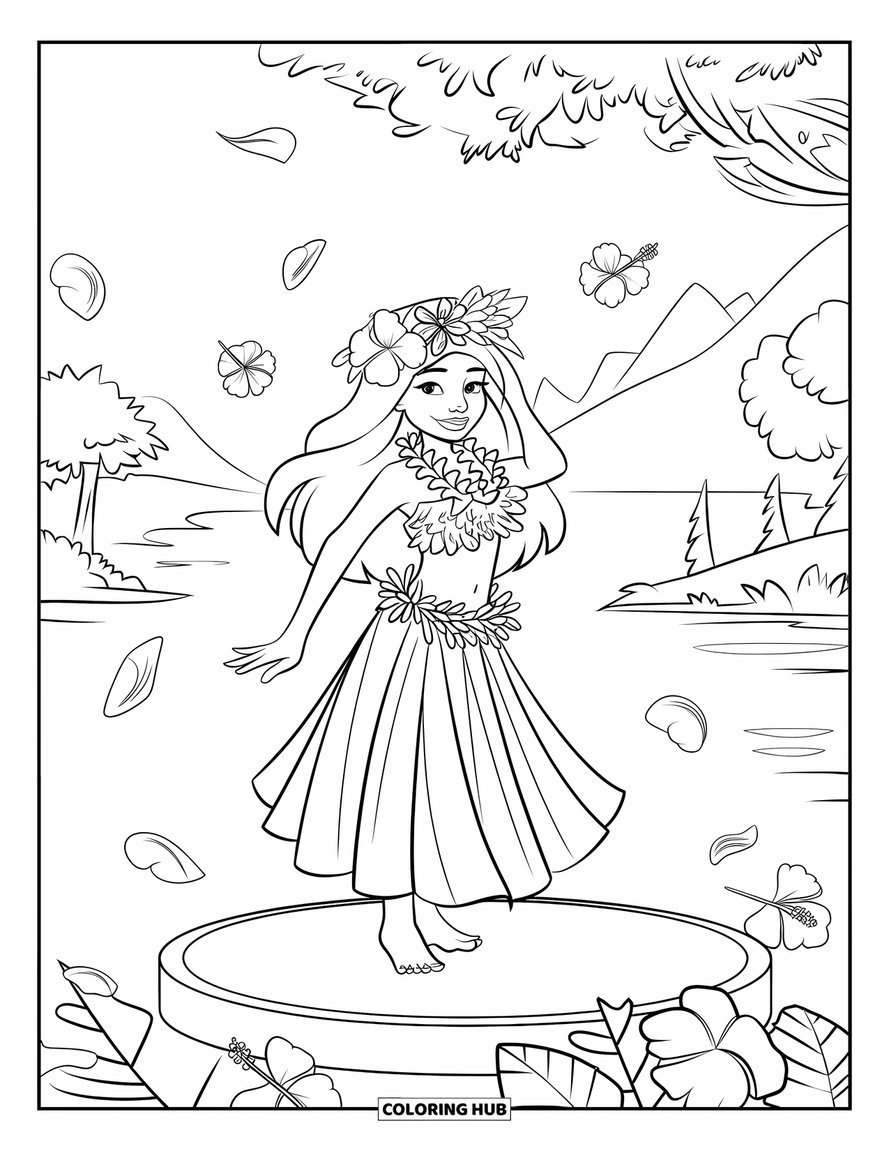 Hawaiiaanse kleurplaat voor kinderen: Een hula danseres met een bloemenkrans en wervelende bloemblaadjes