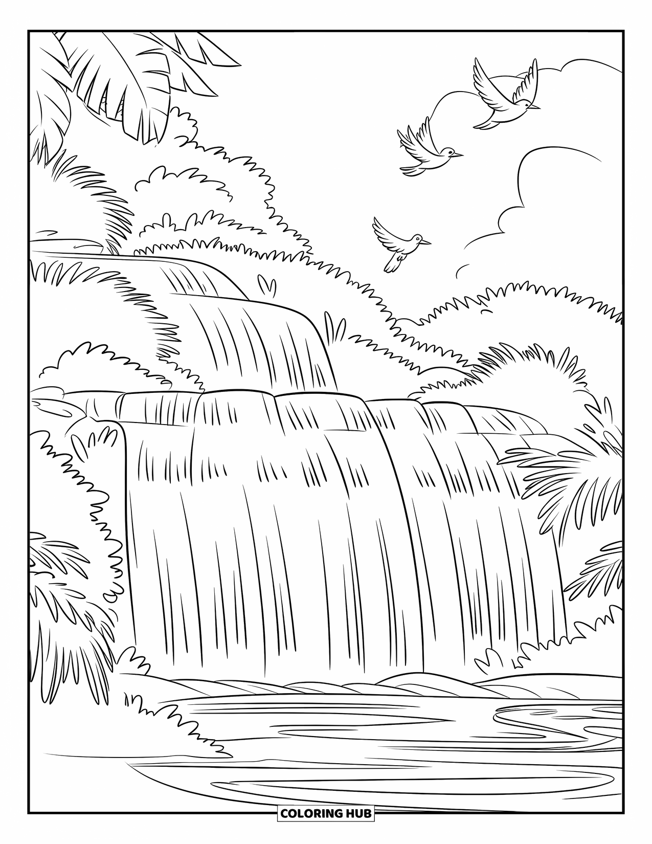 Hawaiiaanse kleurplaat voor kinderen: Een majestueuze waterval omringd door Hawaiiaanse planten en vogels