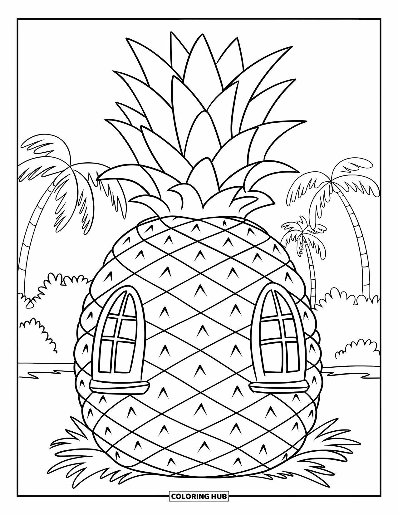 Hawaiiaanse kleurplaat voor kinderen: Een ananashuis met ramen en een kleine deur omringd door groen