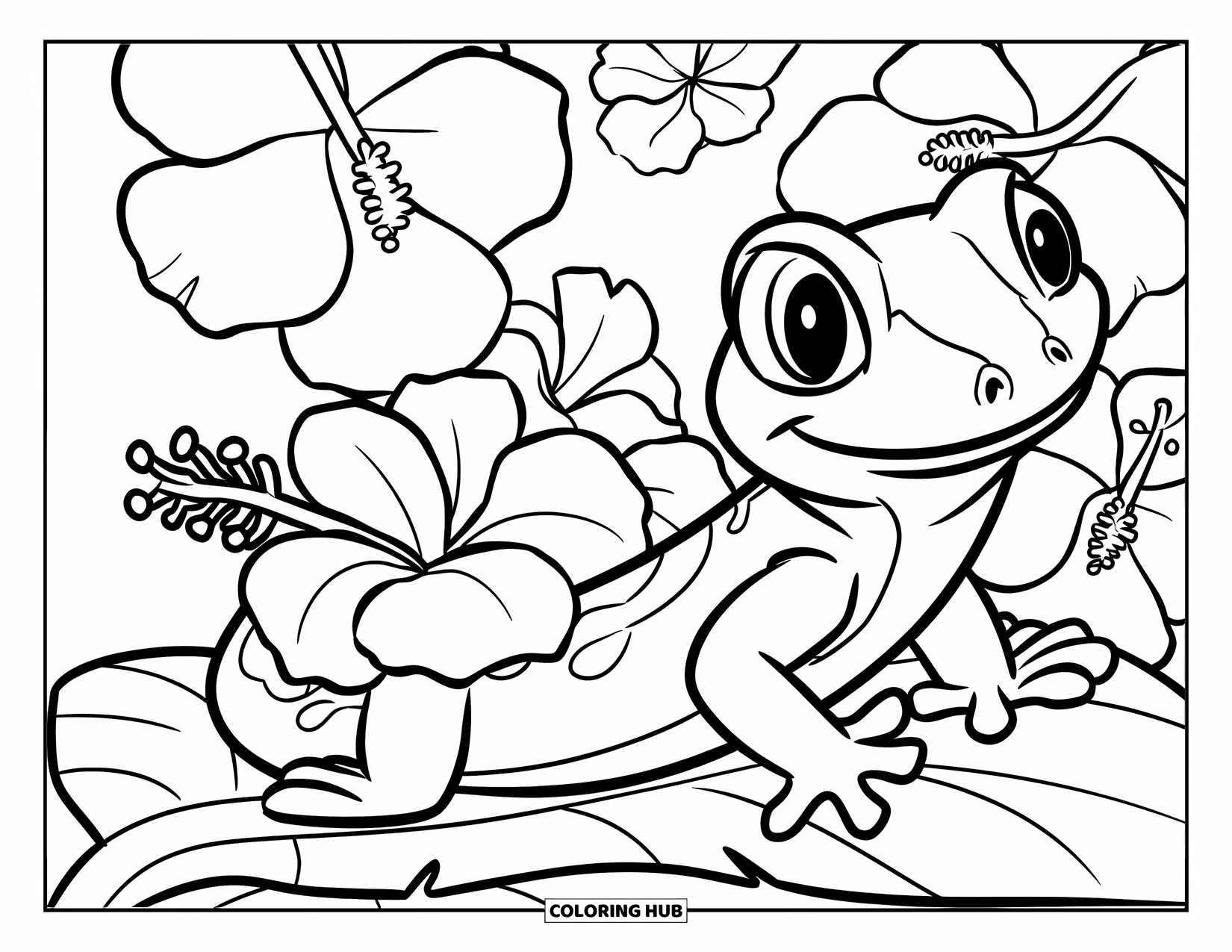 Hawaiiaanse kleurplaat voor kinderen: Een speelse gekko met een hibiscusbloem op zijn staart