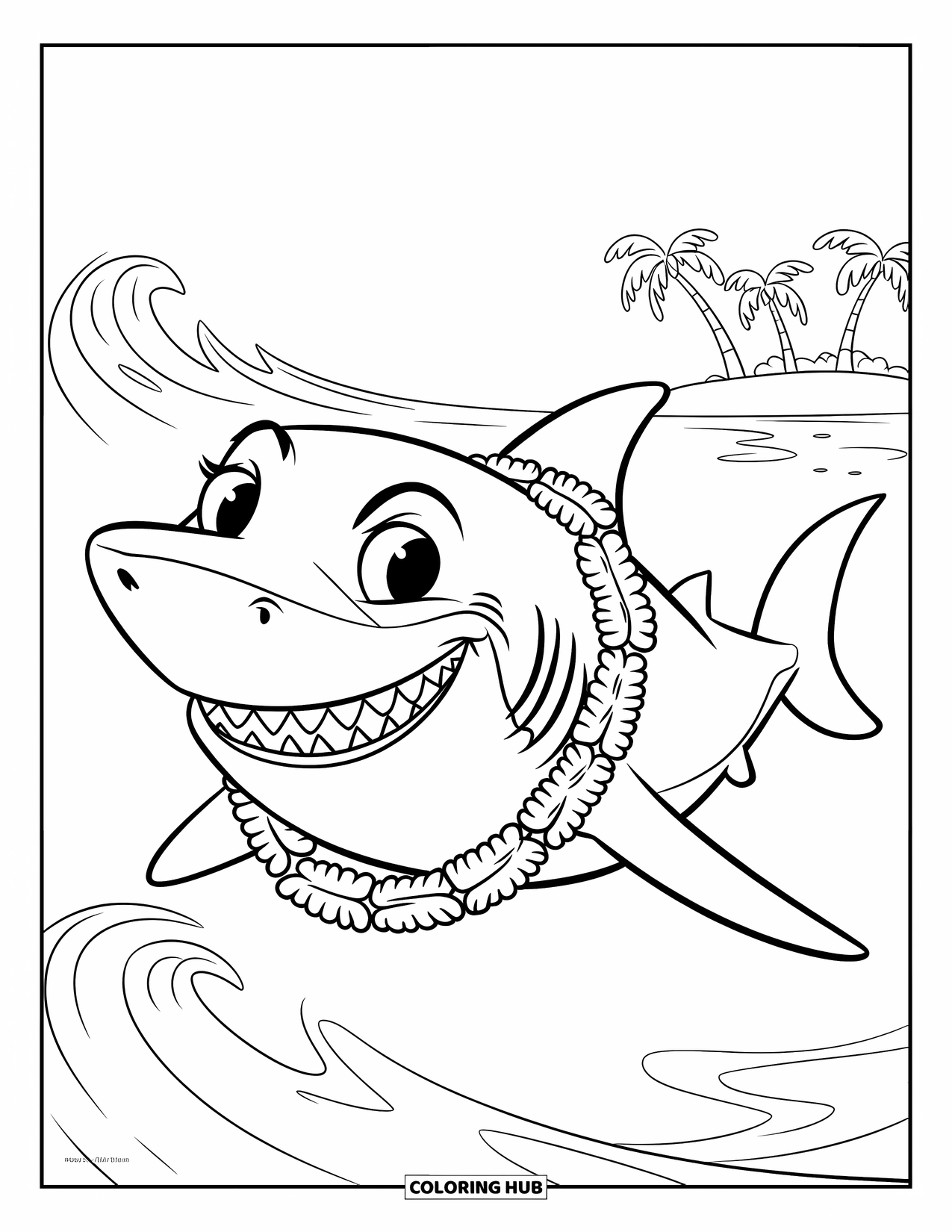 Hawaiiaanse kleurplaat voor kinderen: Een haai die een lei draagt en langs een eiland zwemt