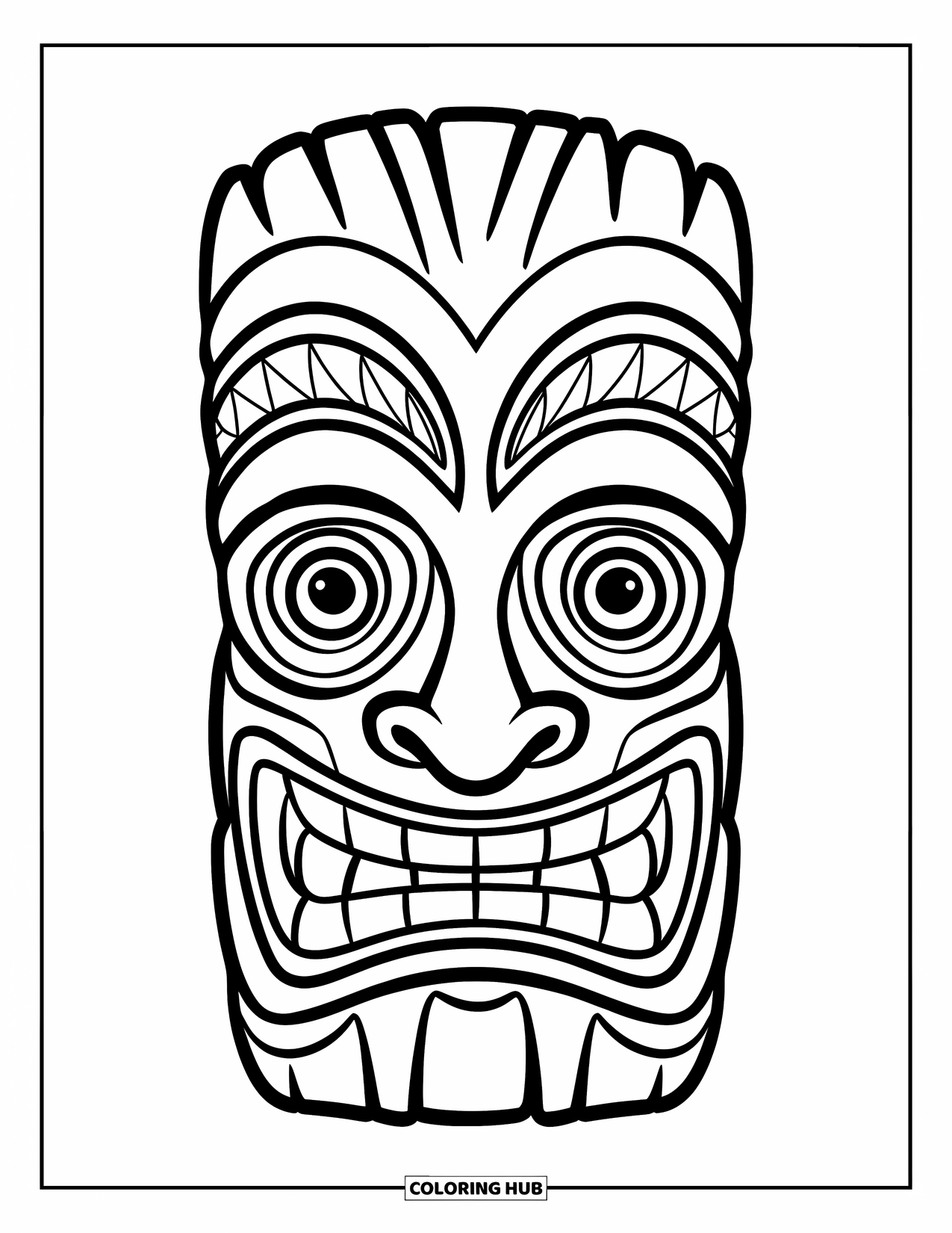 Hawaiiaanse kleurplaat voor kinderen: Een eenvoudig tiki masker met grote ogen en een warme glimlach