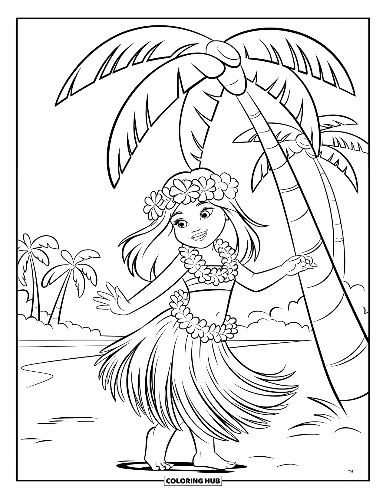 Hawaiiaanse kleurplaat voor kinderen: Een glimlachend hula meisje met een bloemenlei onder een palmboom