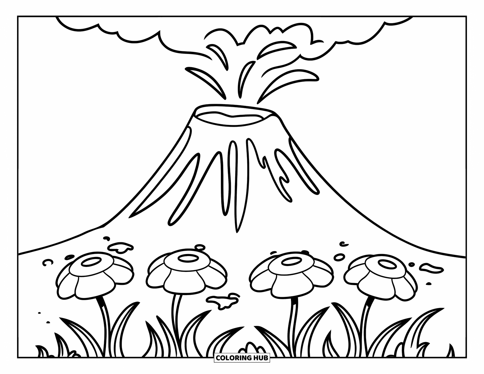 Hawaiiaanse kleurplaat voor kinderen: Een zachtjes uitbarstende vulkaan met bloemen aan de basis