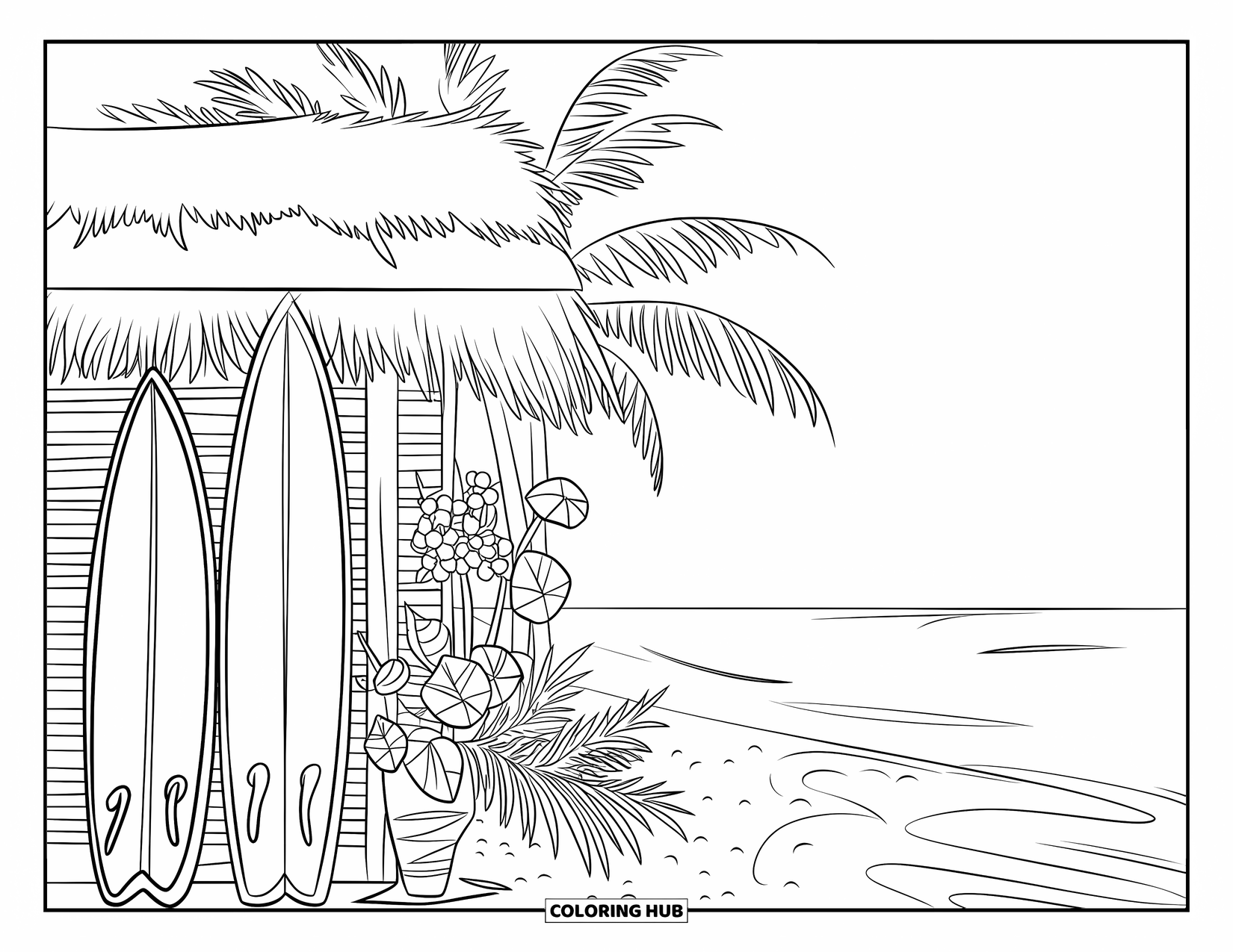Hawaiiaanse kleurplaat voor kinderen: Een surferhut met surfplanken en tropische bloemen bij het strand