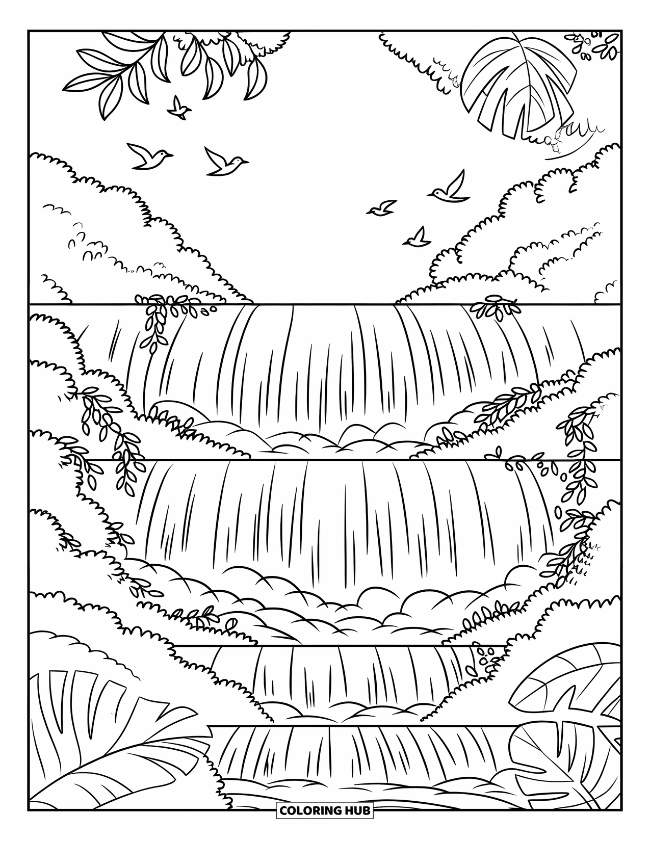 Hawaiiaanse kleurplaat voor kinderen: Een getrapte waterval met wijnranken, bladeren en zwevende vogels