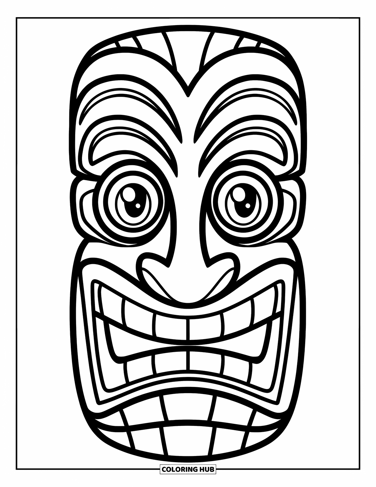 Hawaiiaanse kleurplaat voor kinderen: Een tiki masker met een brede grijns en vriendelijke ogen