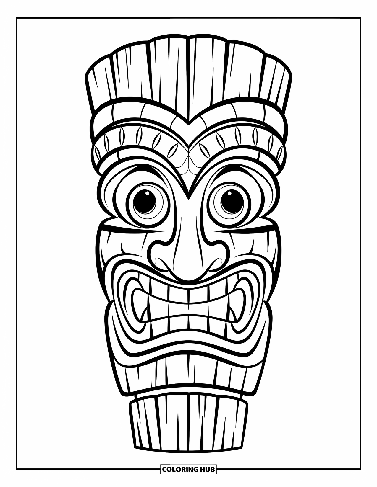 Hawaiiaanse kleurplaat voor kinderen: Een tiki masker met vriendelijke ogen en een brede grijns