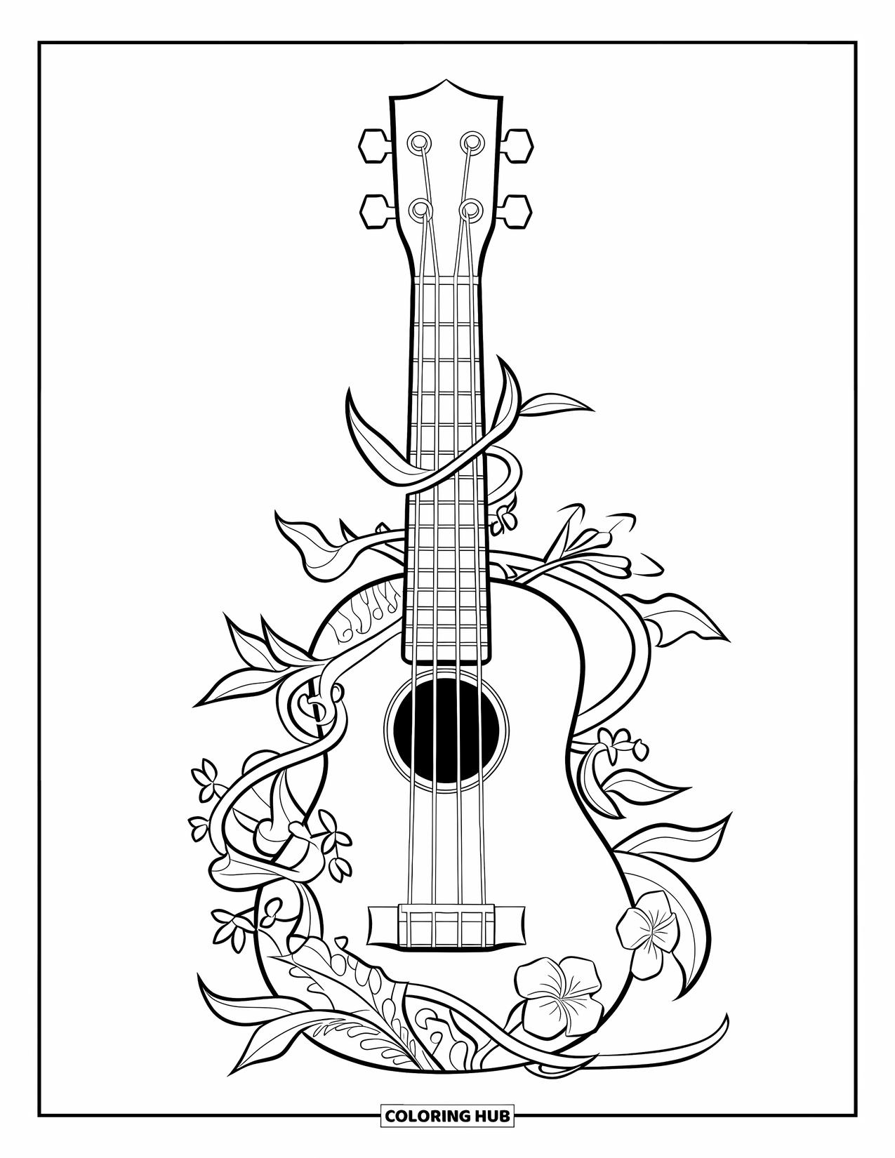 Hawaiiaanse kleurplaat voor kinderen: Een ukelele omringd door wijnranken en tropische bloemen